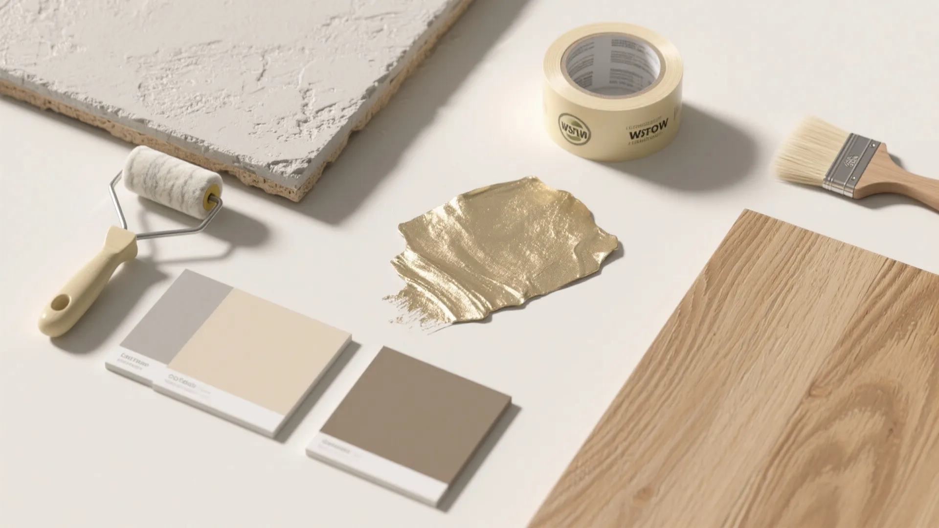 Interior design materials with paint roller, color samples, gold paint, wood, tape, and wall panel