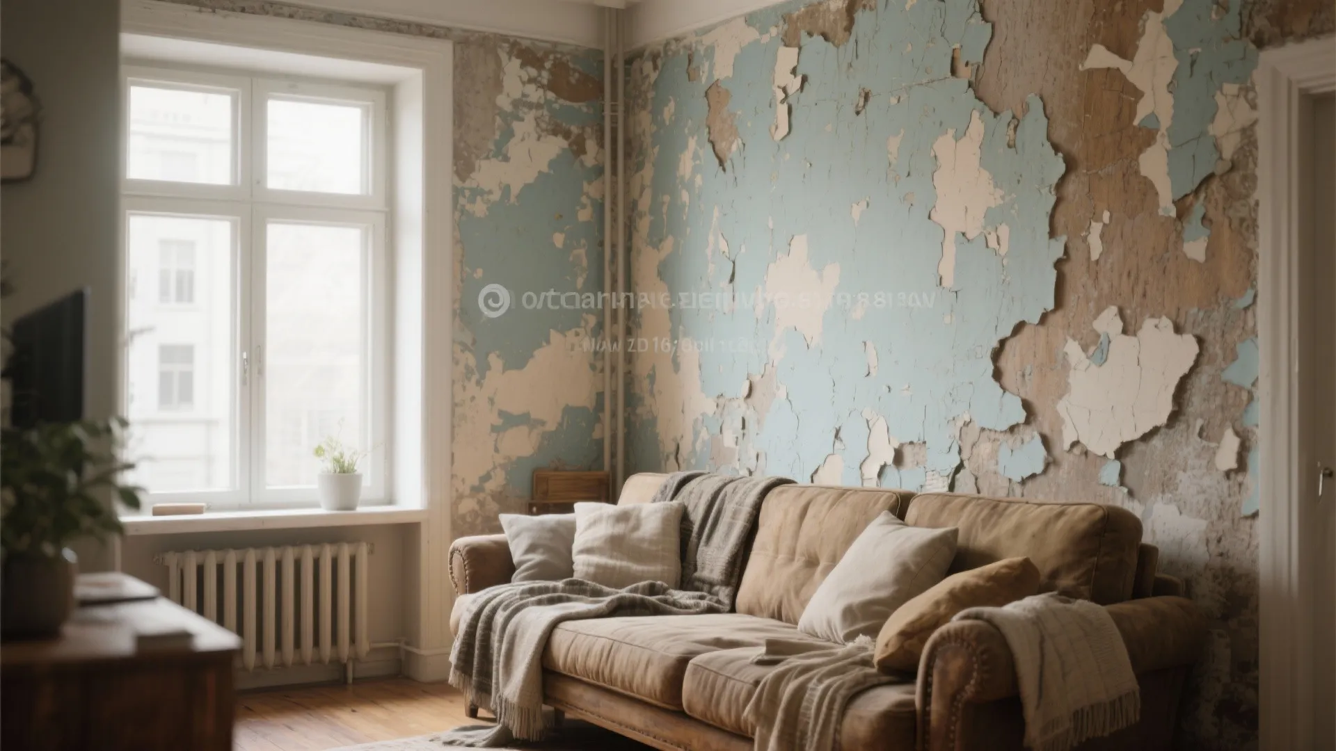 Living room with brown sofa and pillows against a blue wall with old peeling paint texture