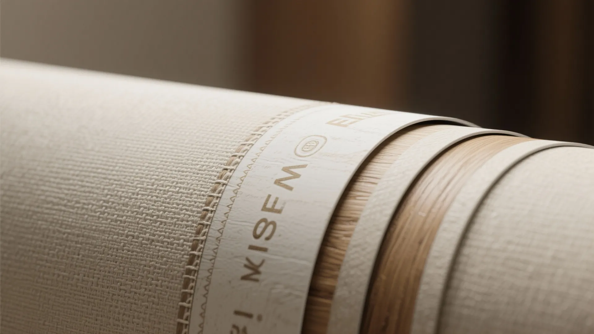 Macro close up of cream textured wallpaper roll showing detailed fabric surface and wooden core