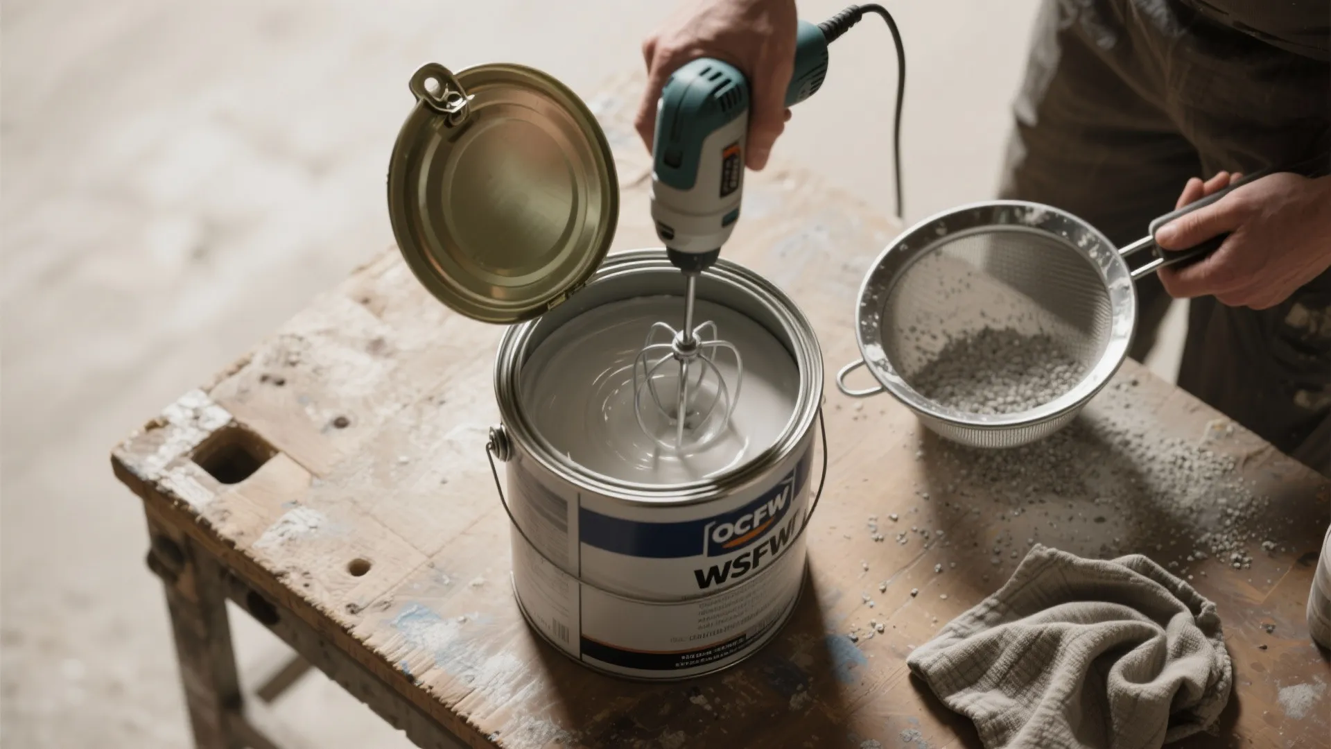 Top-down view of an open paint can with separated layers, an electric mixer and a paint strainer on a bench.