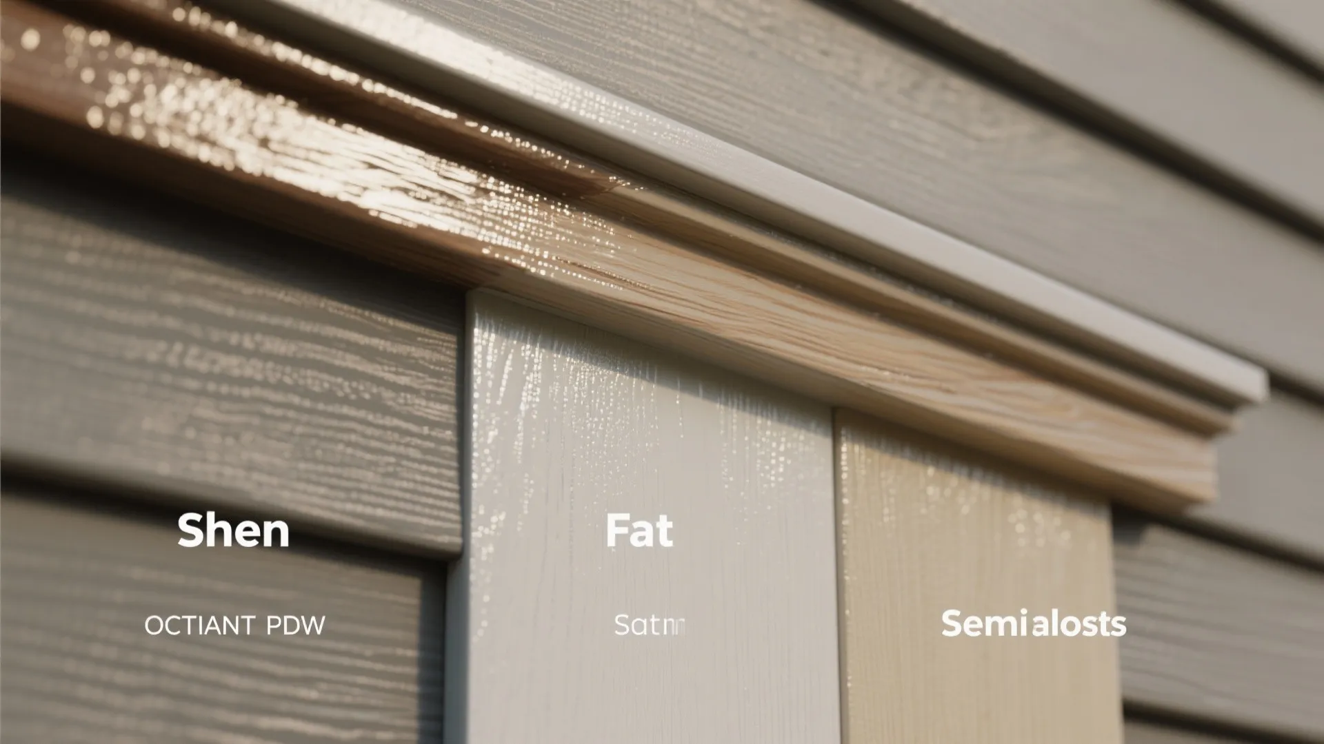 Close up of three different paint texture finishes on grey wood wall panels with text