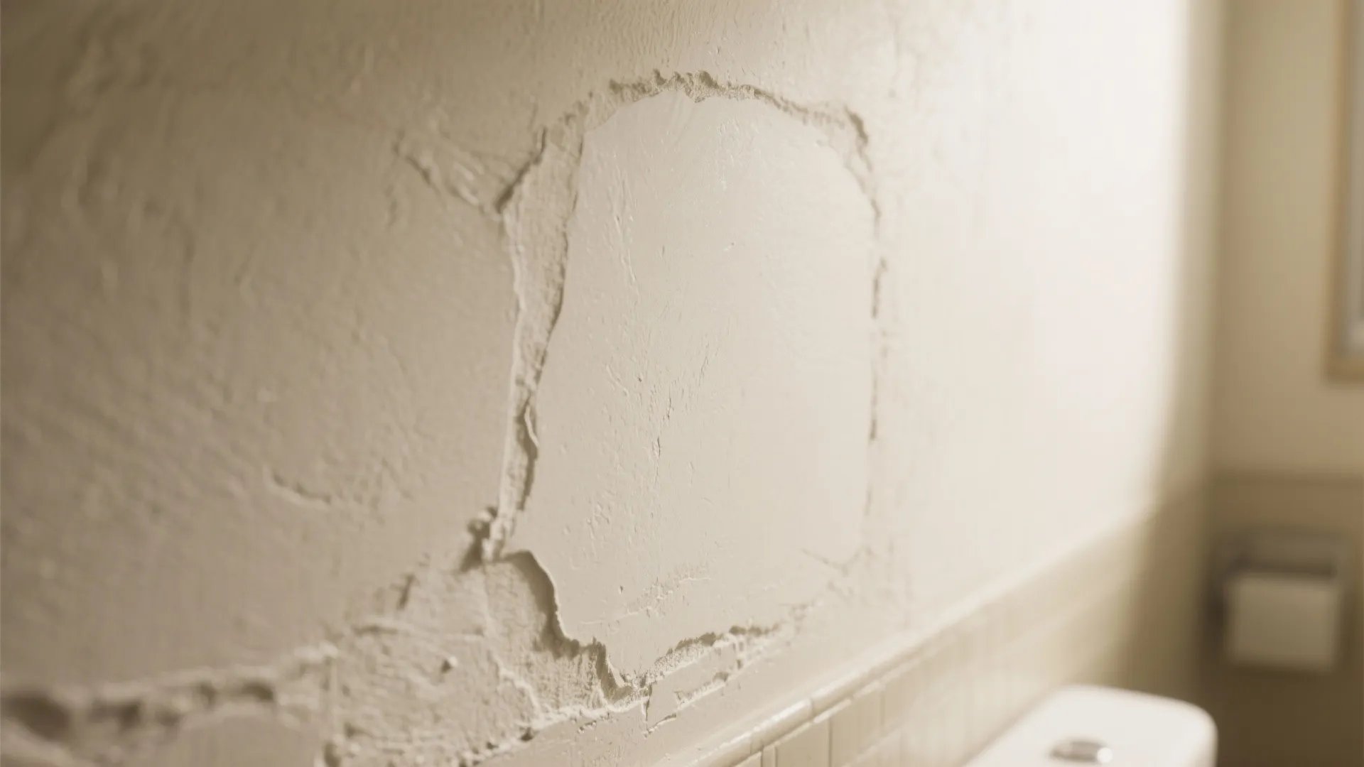 Close up of a wall repair with fresh white plaster covering a damaged bathroom surface