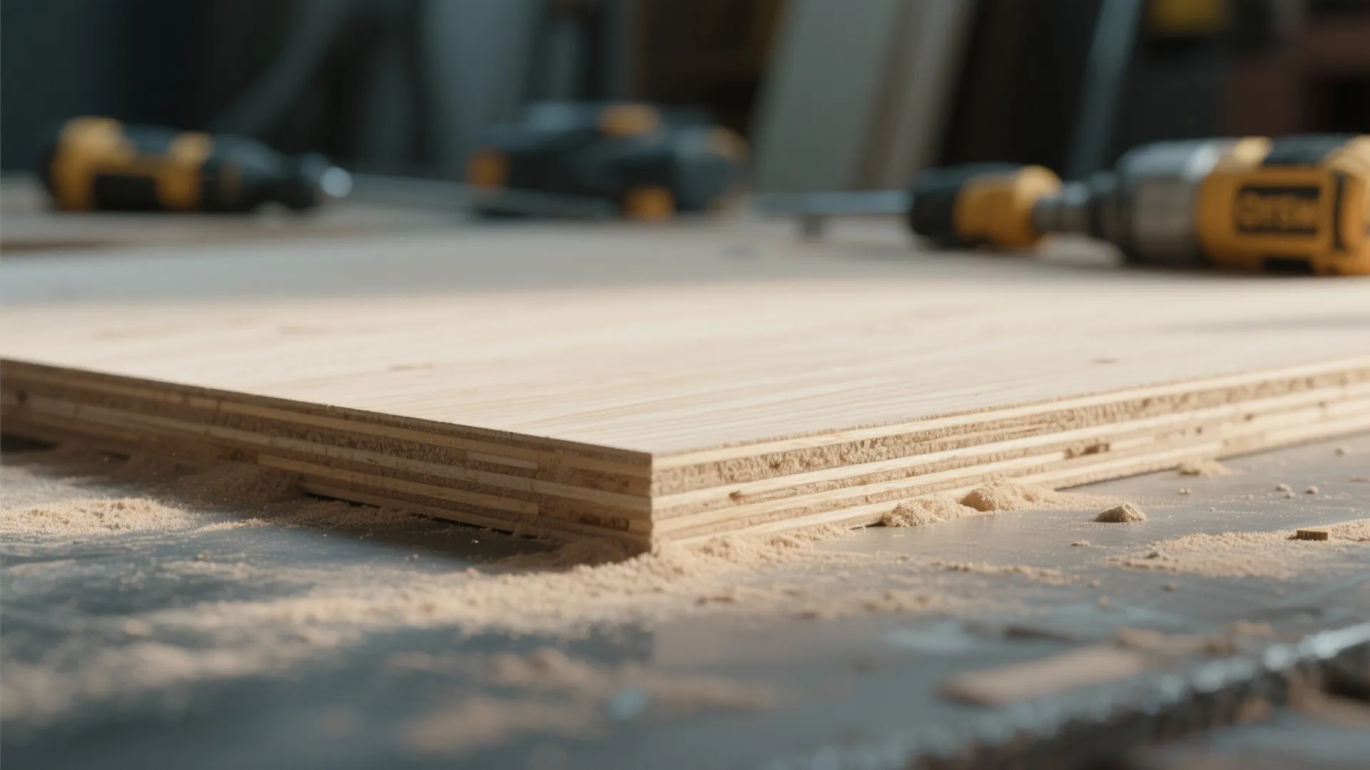 Skimmed plywood surface with joint compound texture and sanding dust, showing tactile detail.