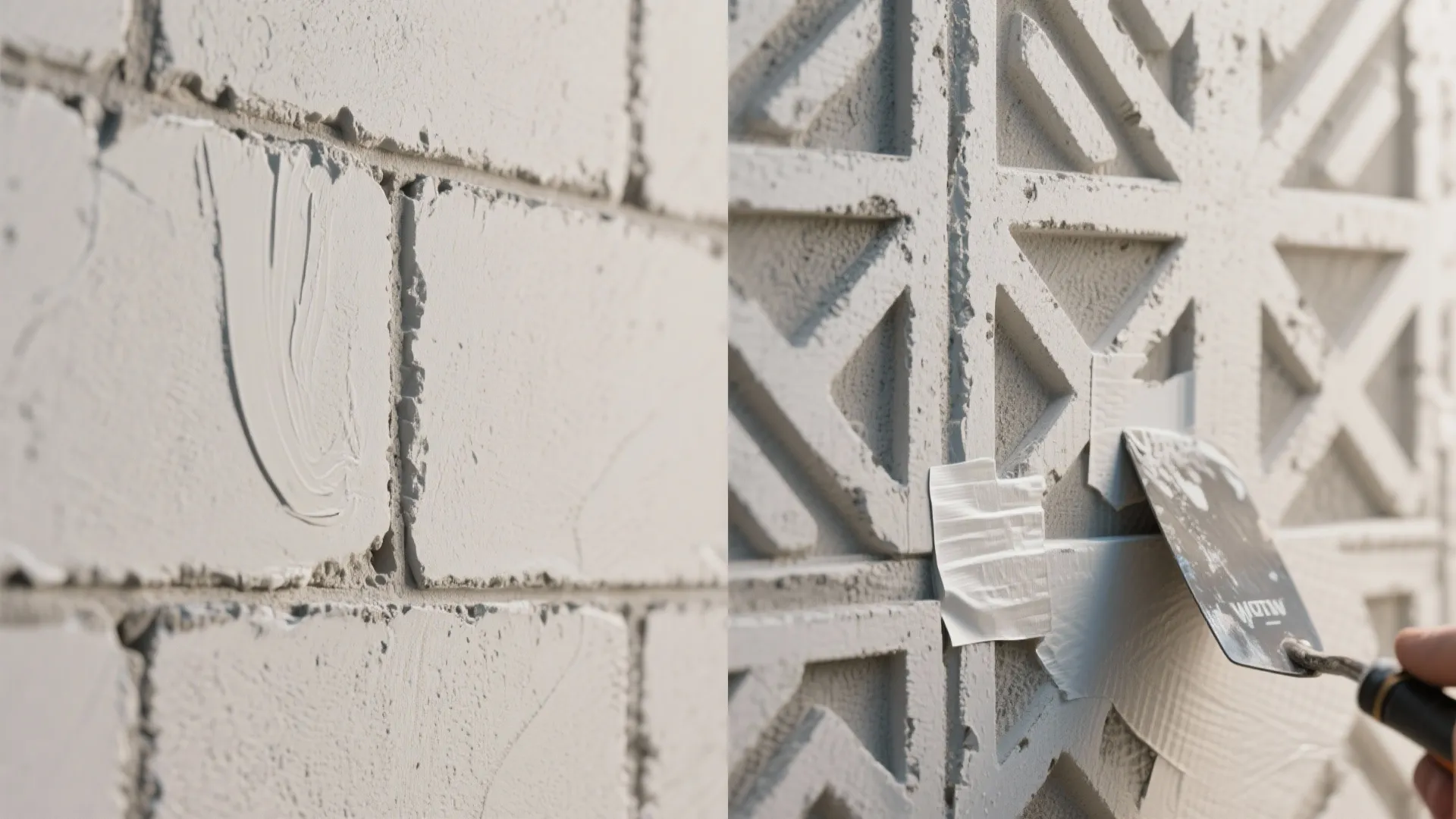 Macro comparison of a smooth skim-coated block surface next to a stenciled geometric pattern.