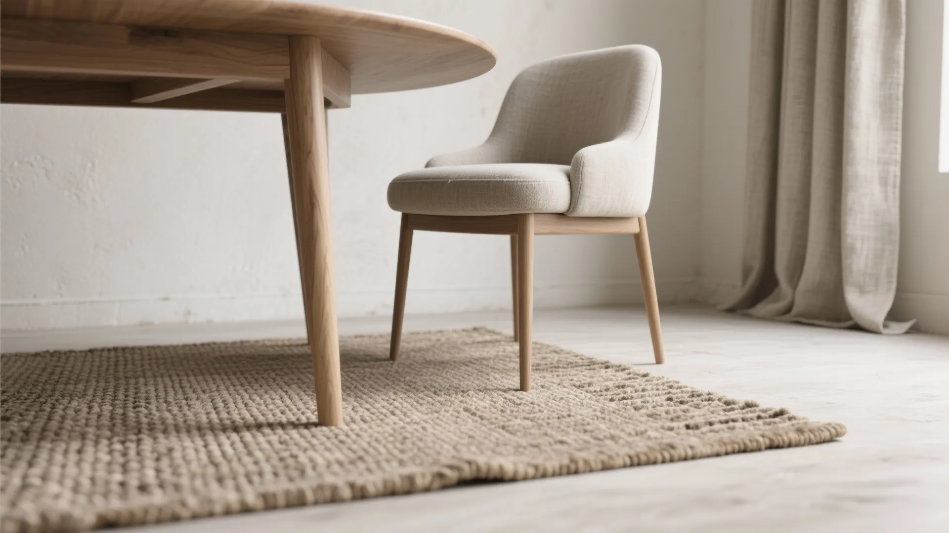 Close up of wooden table leg beige upholstered chair and textured rug in bright room