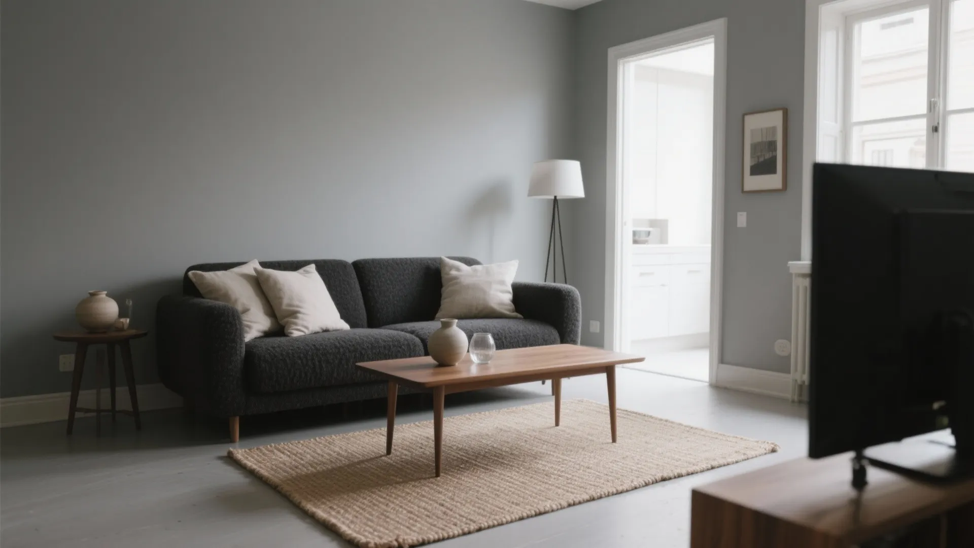 Modern living room with grey sofa wooden coffee table floor lamp rug and black television