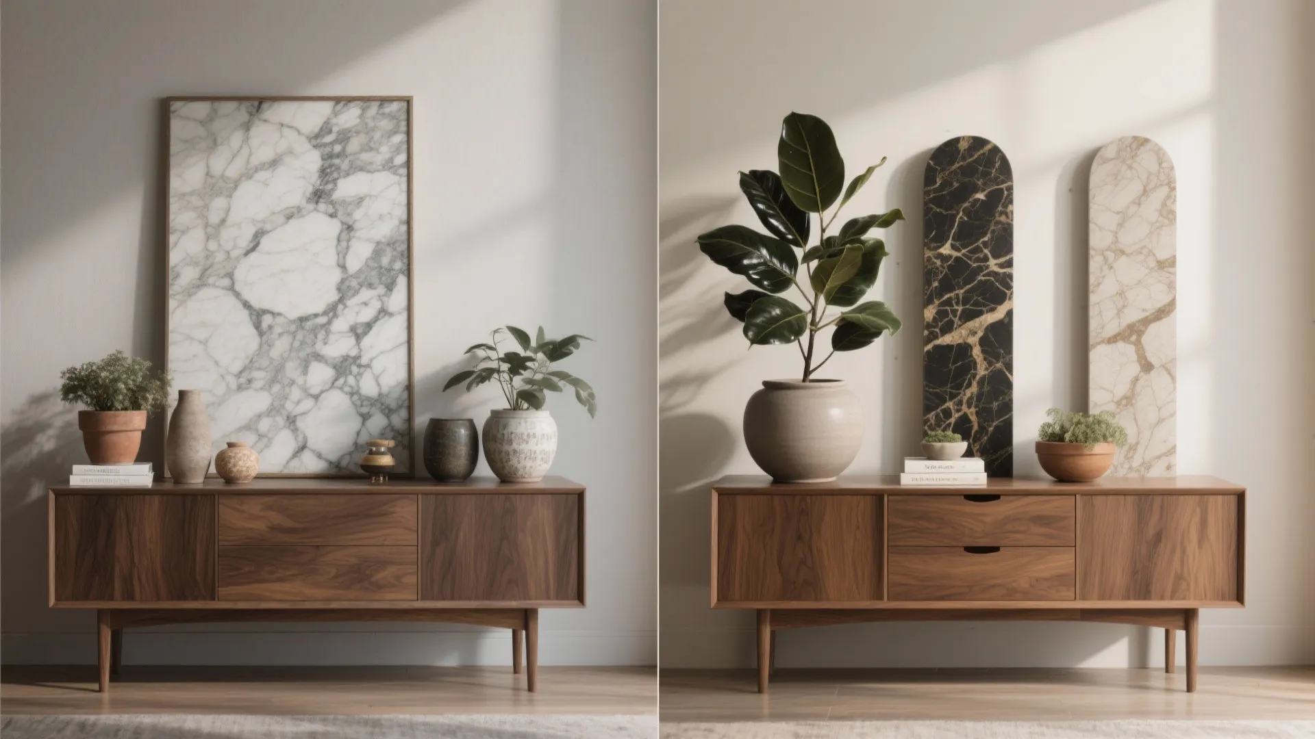 Before and after comparison of home decoration styles on a wooden cabinet with marble art