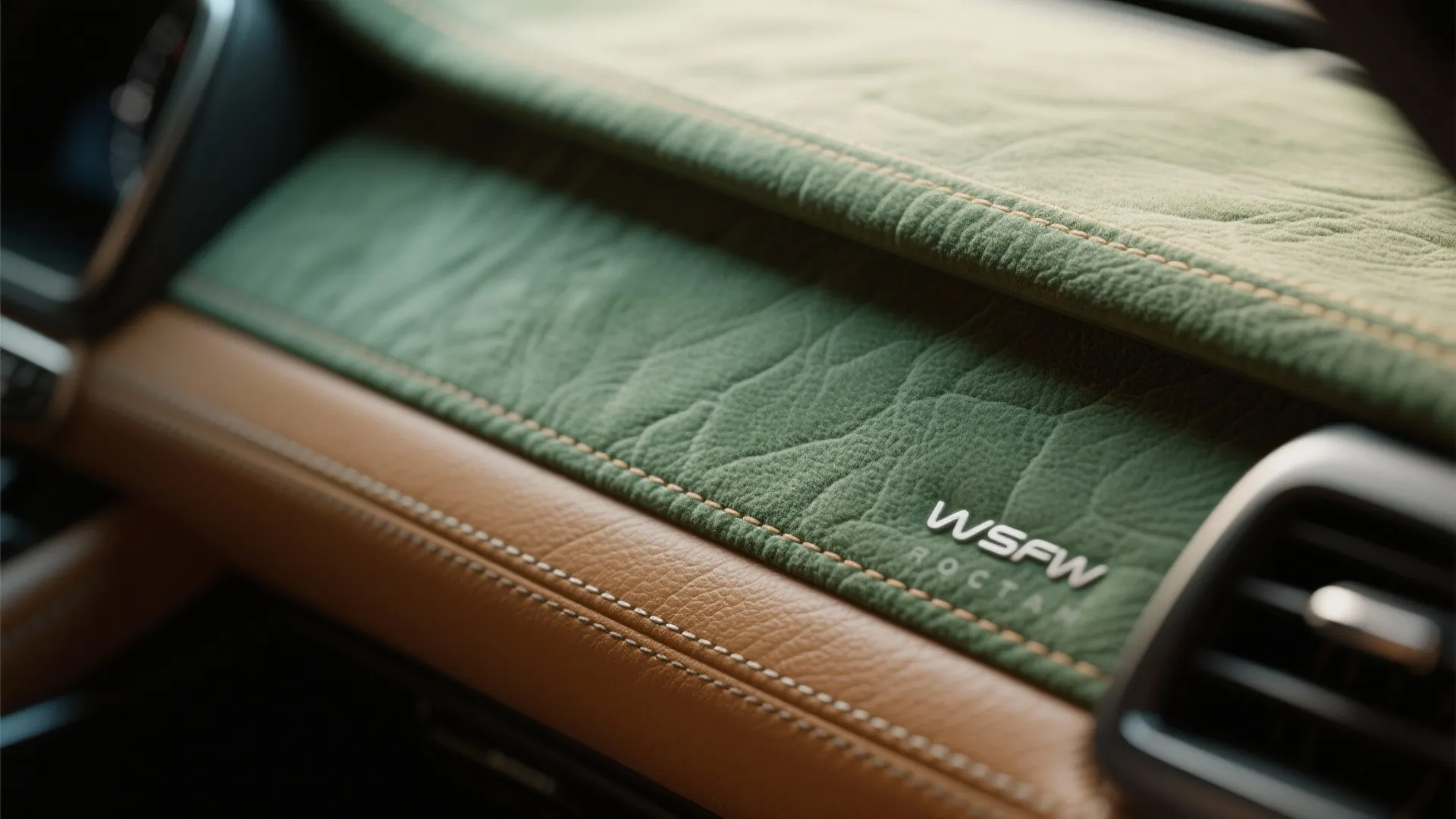 Macro view of a faux-suede textured vinyl dashboard insert showing grain, pile and stitch detail.
