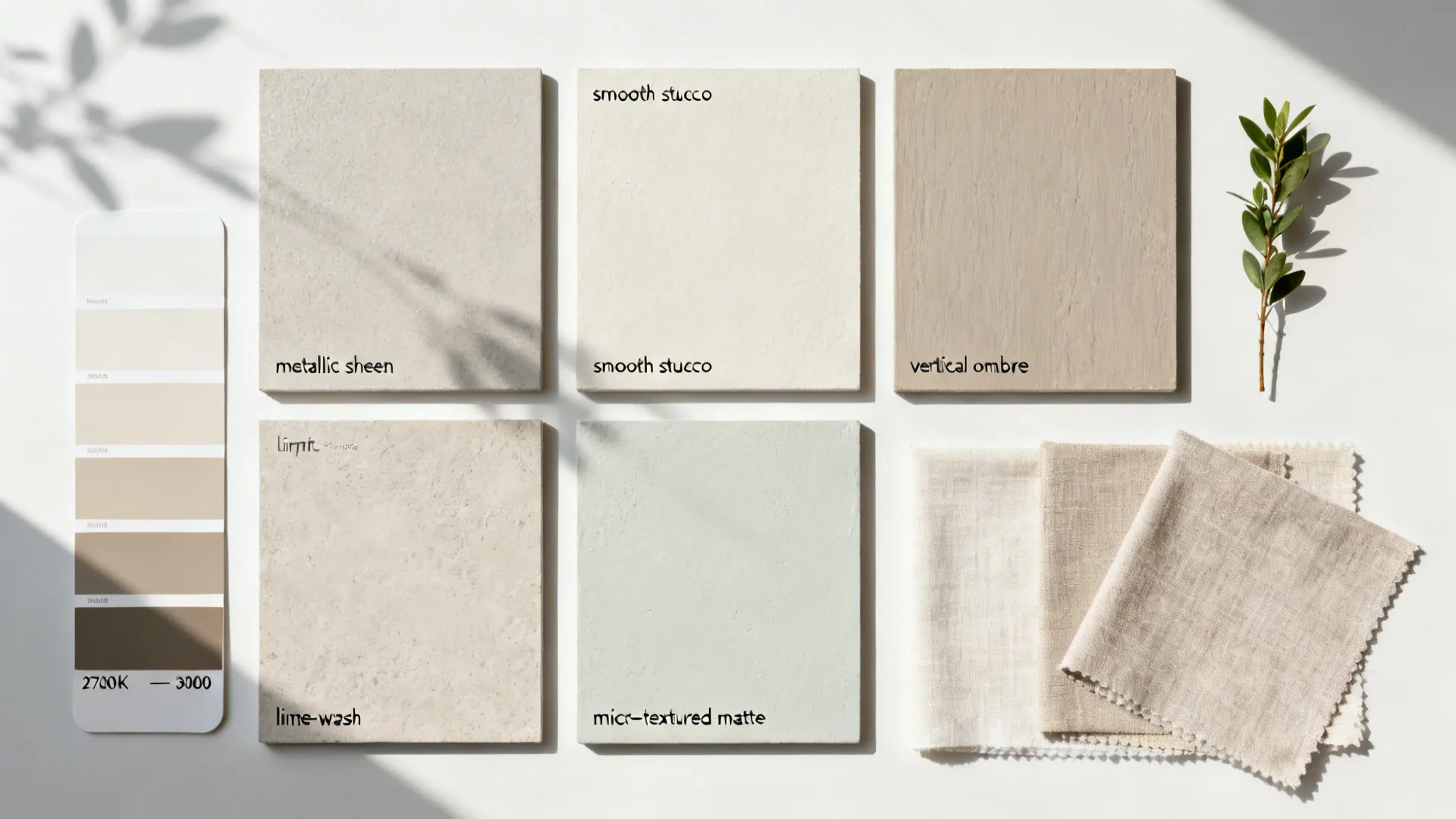 Interior design mood board showing paint texture samples color palette card and natural fabric swatches