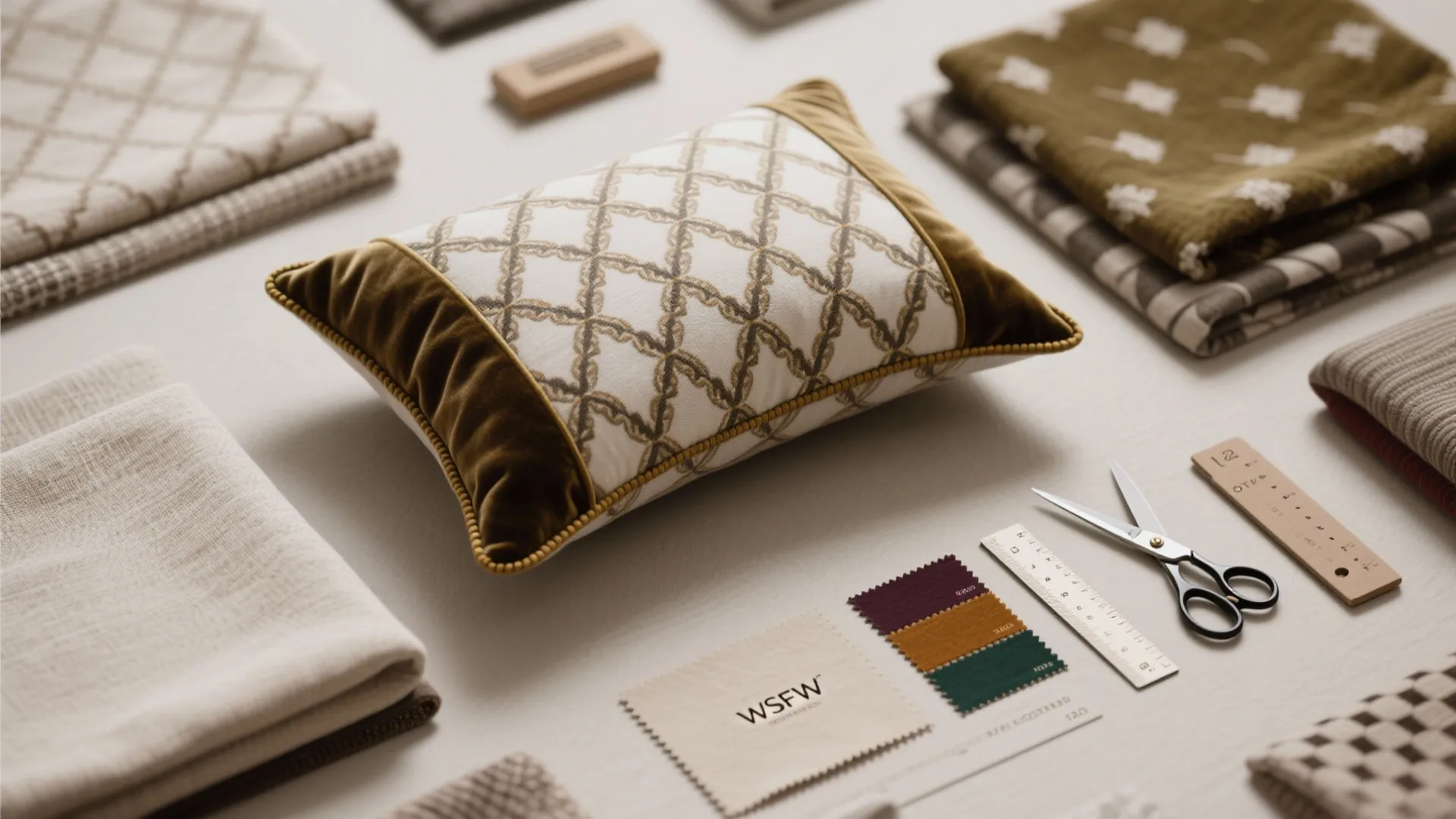 Patterned pillow surrounded by fabric swatches with scissors and wooden ruler on white table surface