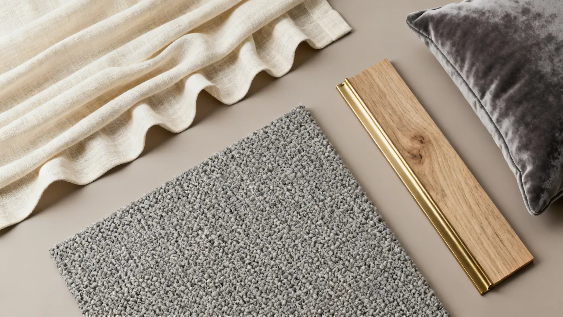 Interior design material mood board with white curtain grey rug wood sample and a pillow