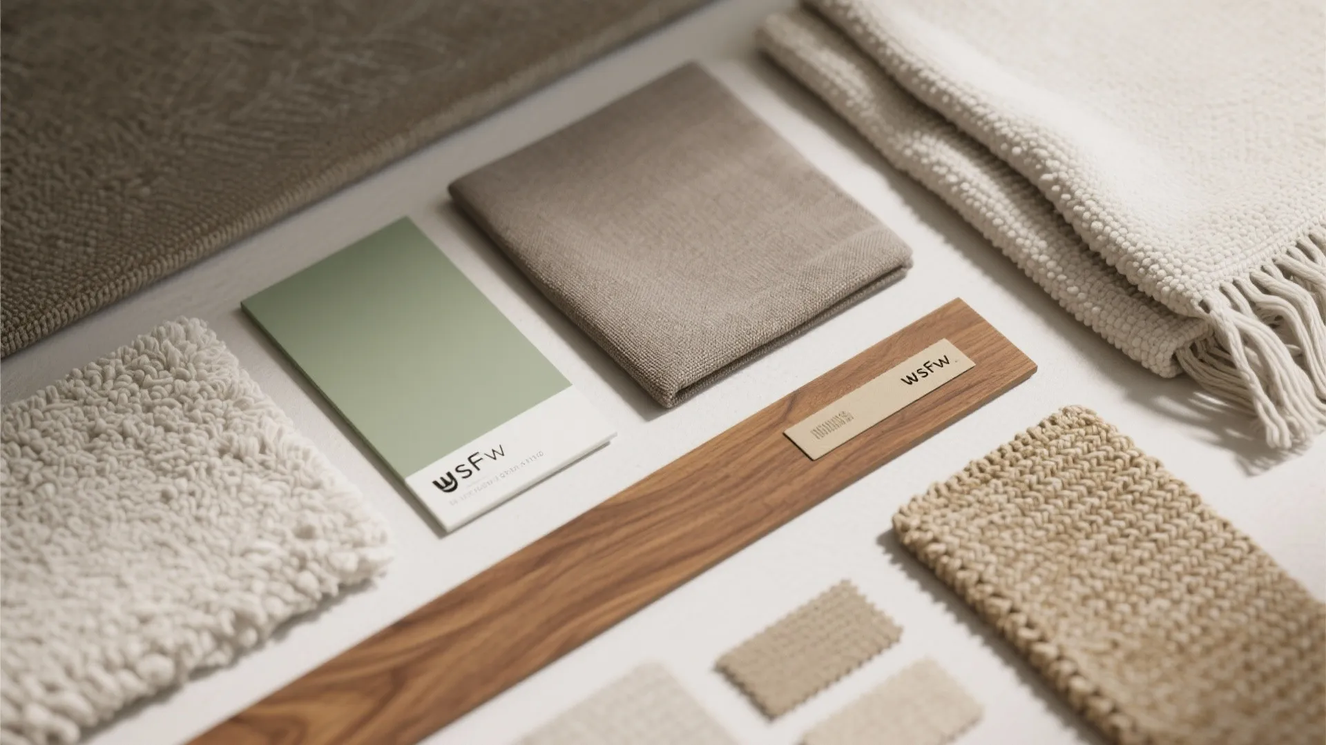 Top-down flatlay of muted green, warm grey, off-white fabric swatches and tactile textures for a spa bedroom palette.