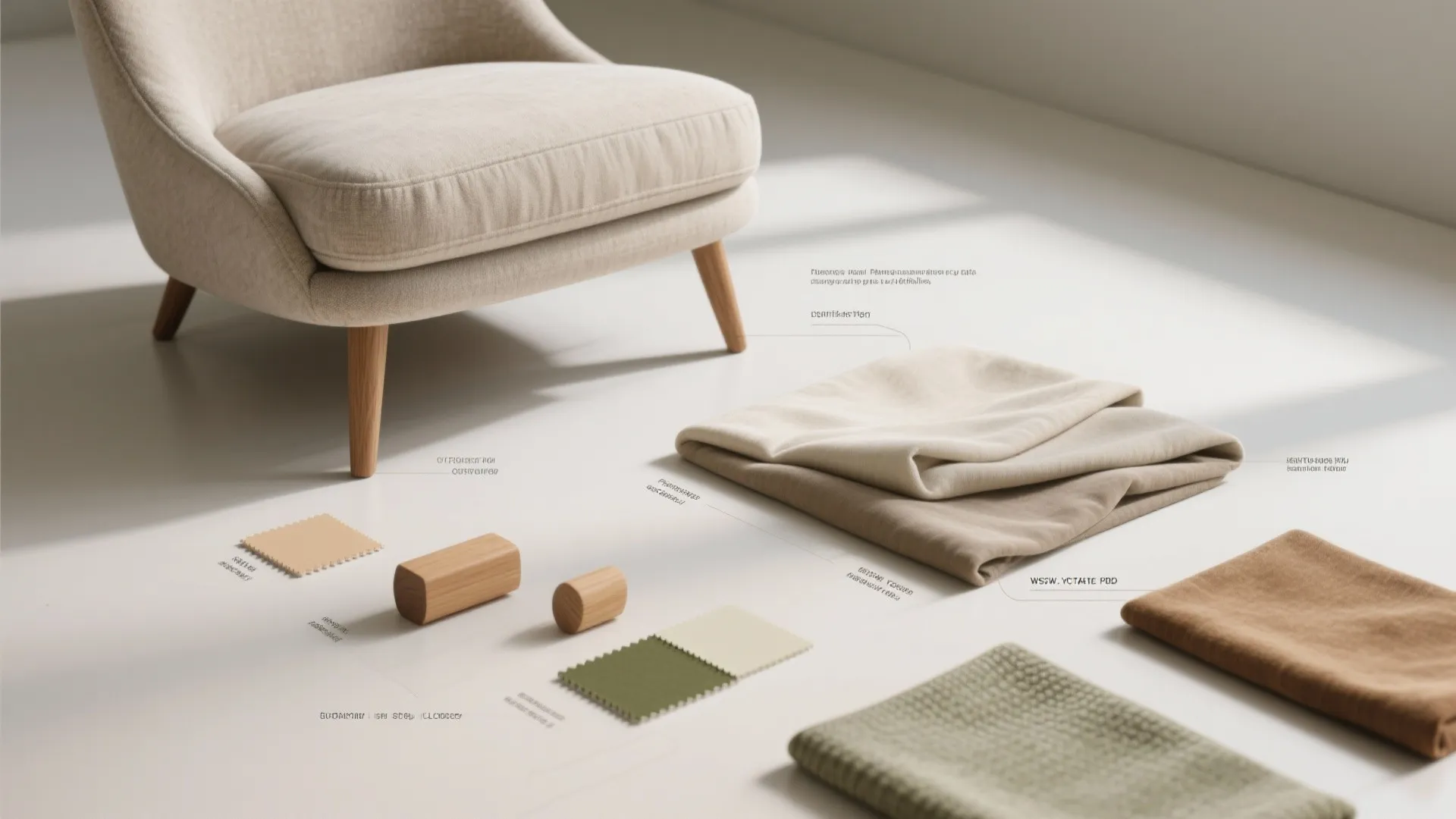 Interior design fabric samples and wood blocks next to a beige armchair in bright space