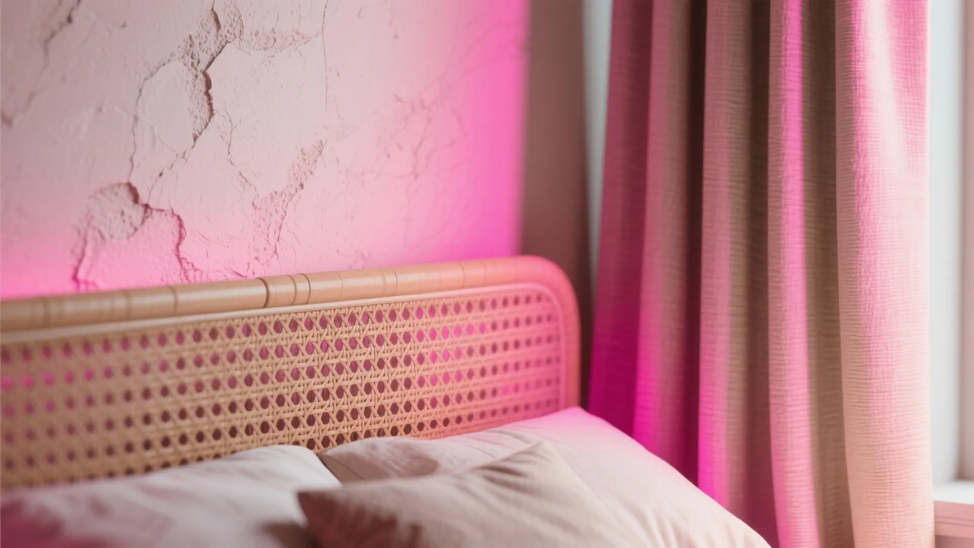 Layered textures: woven headboard, plaster finish and linen curtains with a soft neon pink wash.