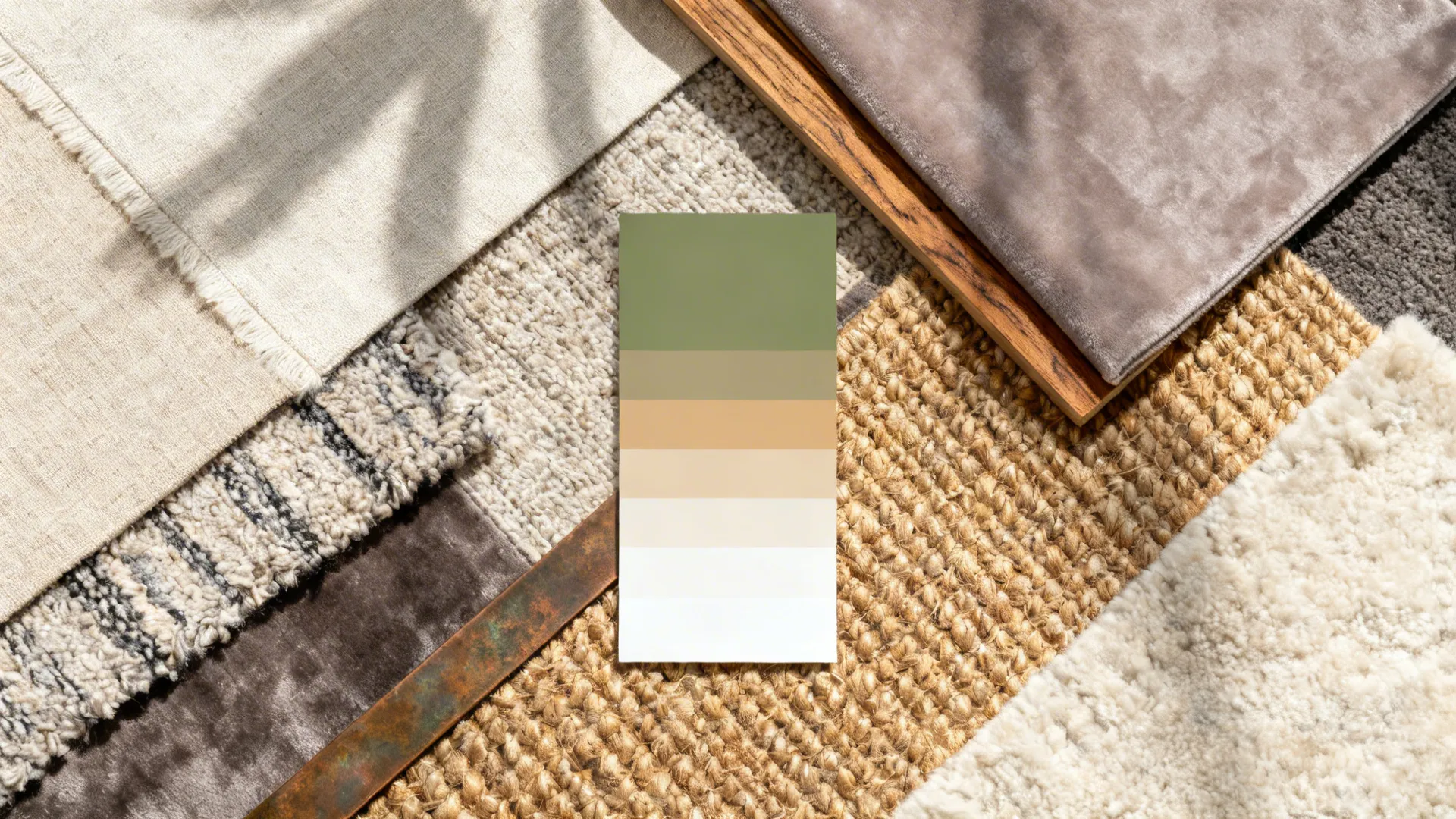Flat lay of linen, bouclé, velvet, oak, bronze, and layered rug samples in warm neutrals.