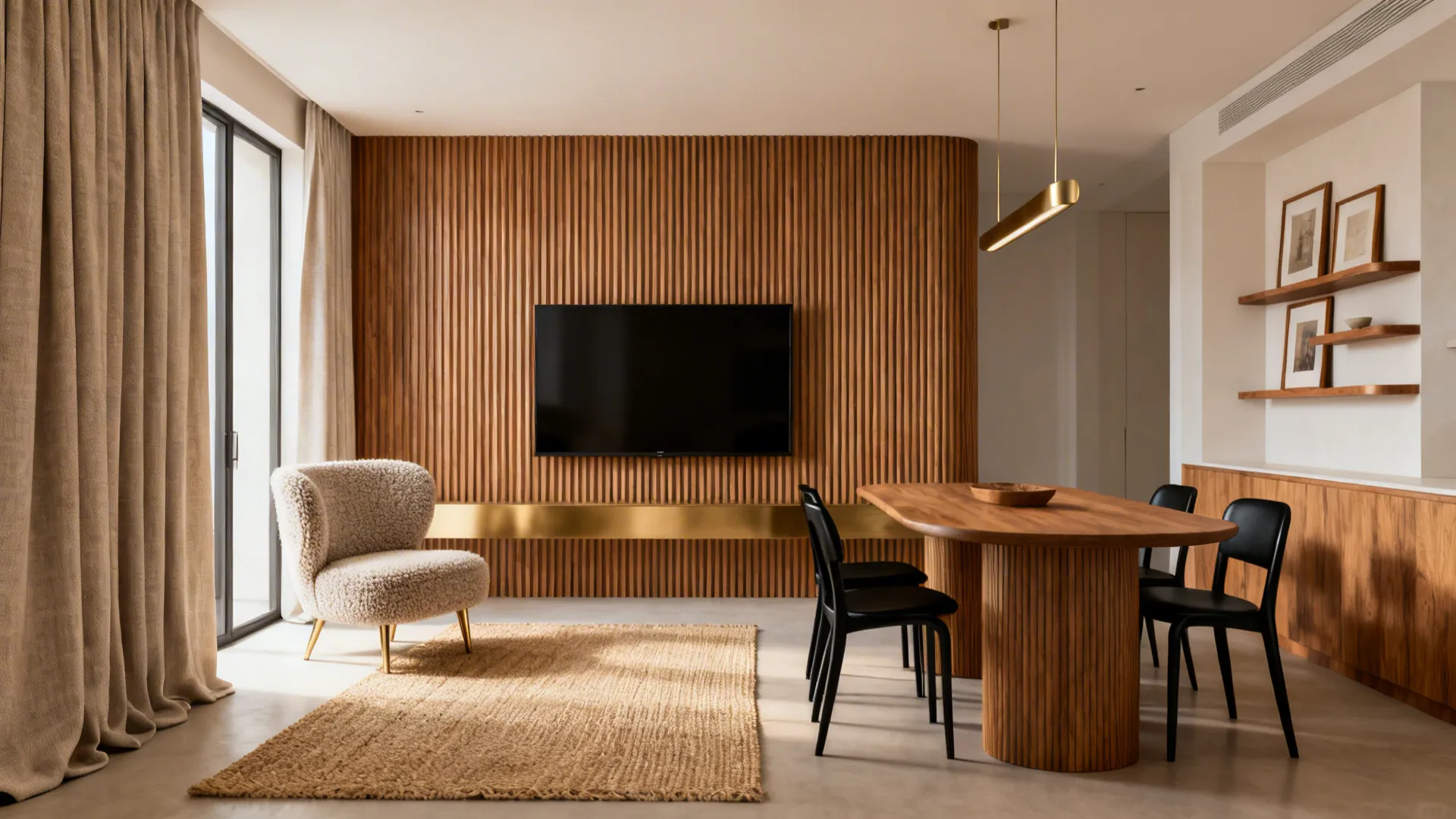 Textured warm minimal living-dining with ribbed wood, boucle chair, linen drapes, and jute rug.
