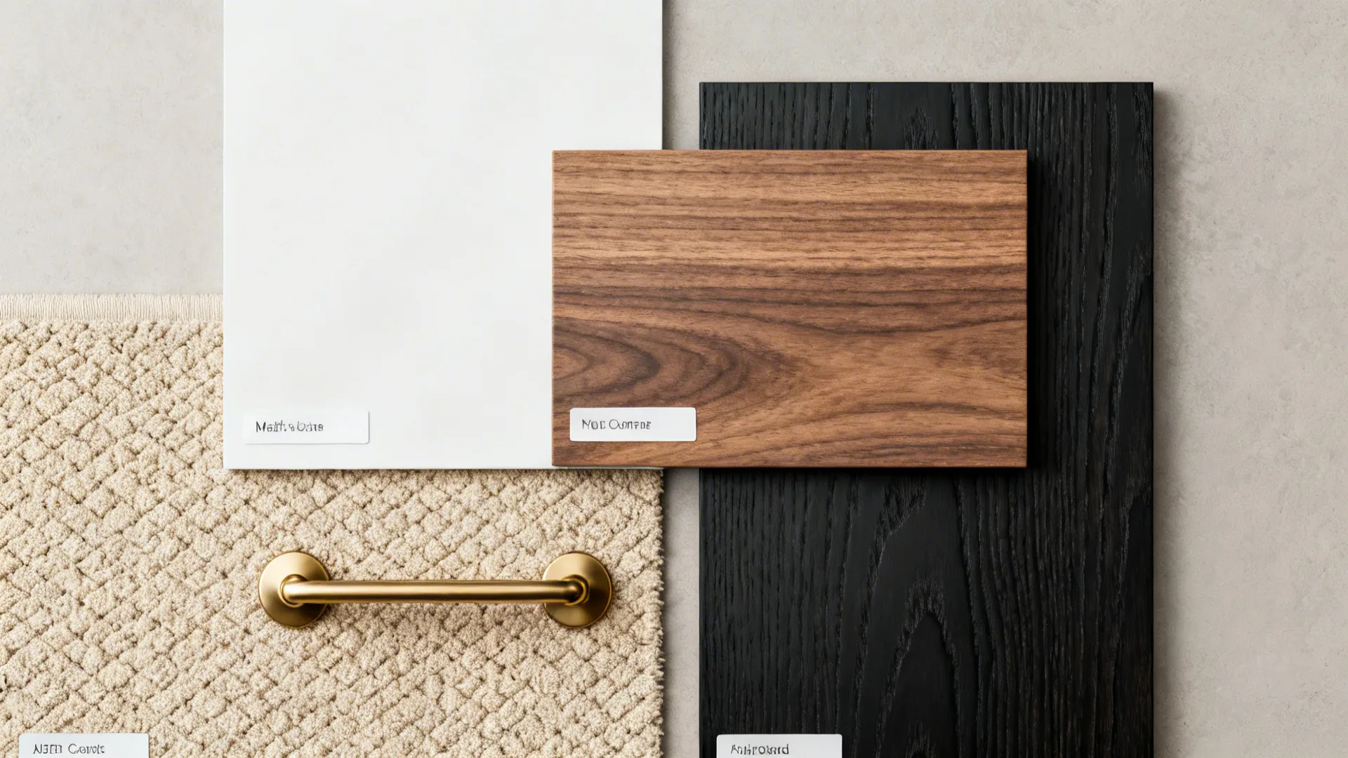 Interior design material samples including wood boards white panels beige fabric and gold metal handle