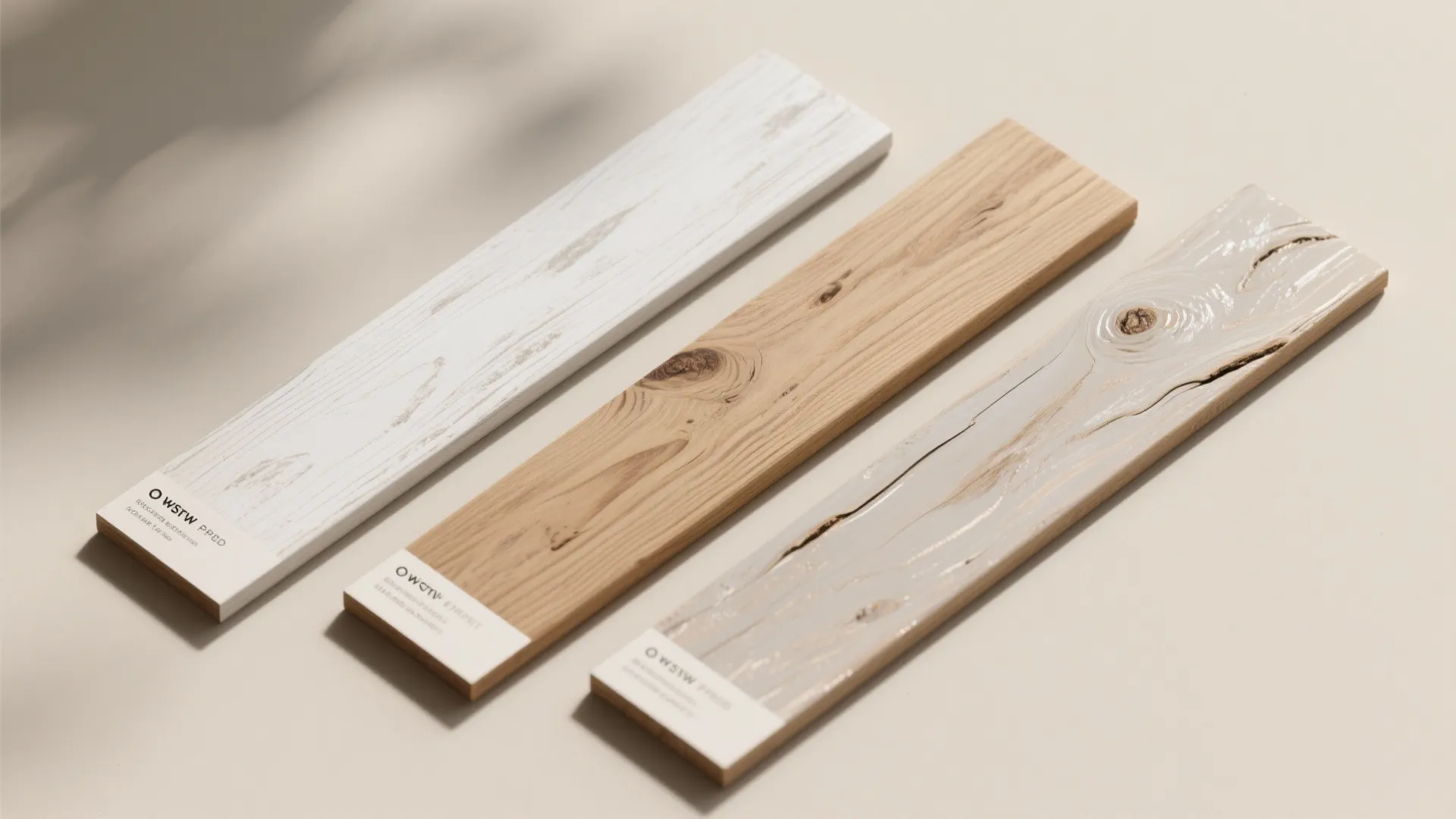 Three different wood texture planks showing white painted finish natural wood and light grey gloss