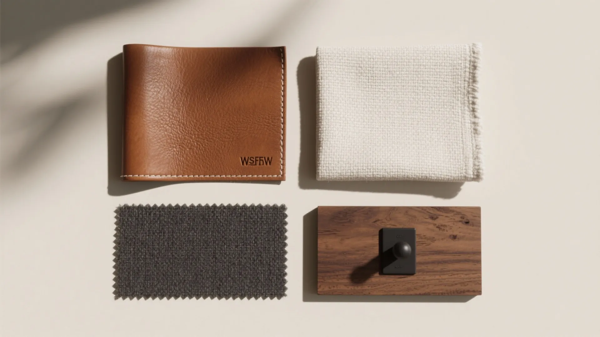Material mood board featuring brown leather swatches white fabric dark gray rug and wood sample