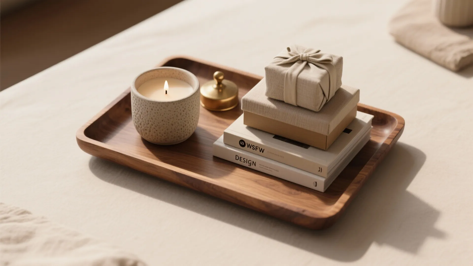 Texture trio: tray, candle, and a stack