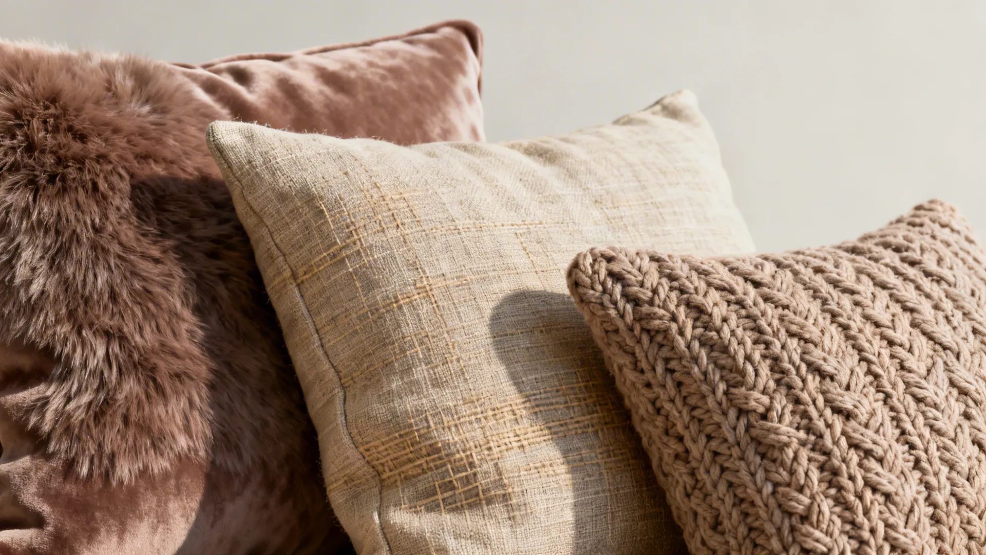Close-up of velvet, linen, and knit throw pillows in matching tonal colors