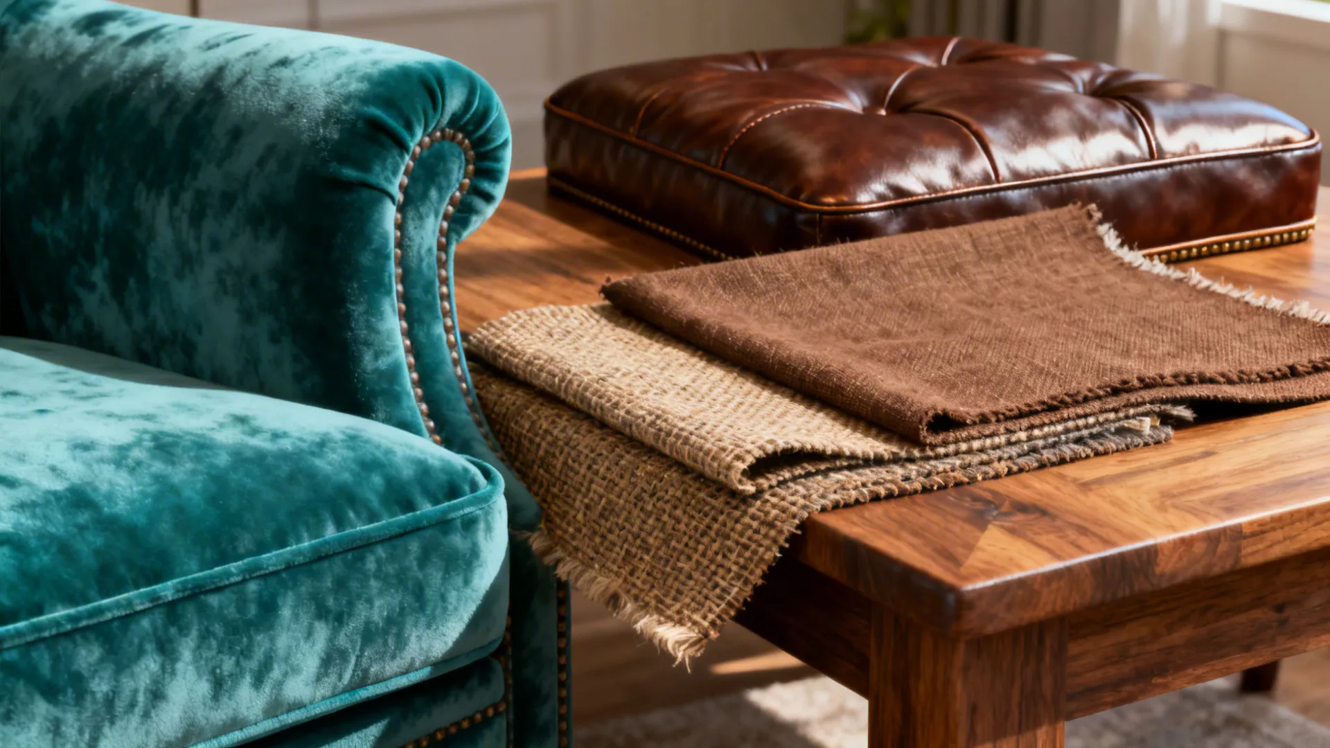 Teal velvet sofa next to a wood table with fabric samples and leather footrest cushion top