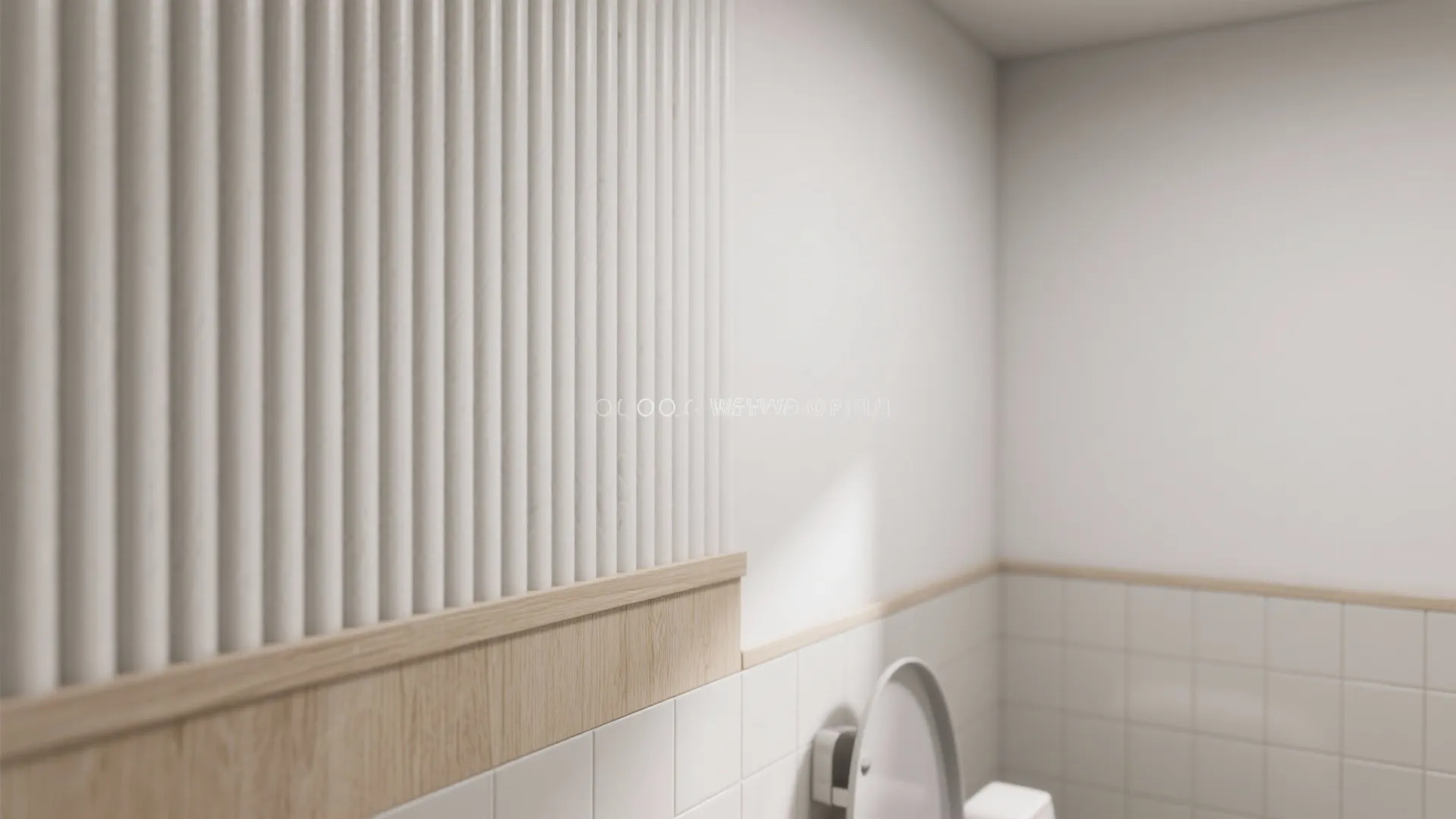 White vertical wall panel with wooden trim above white tiles in a modern bathroom setting