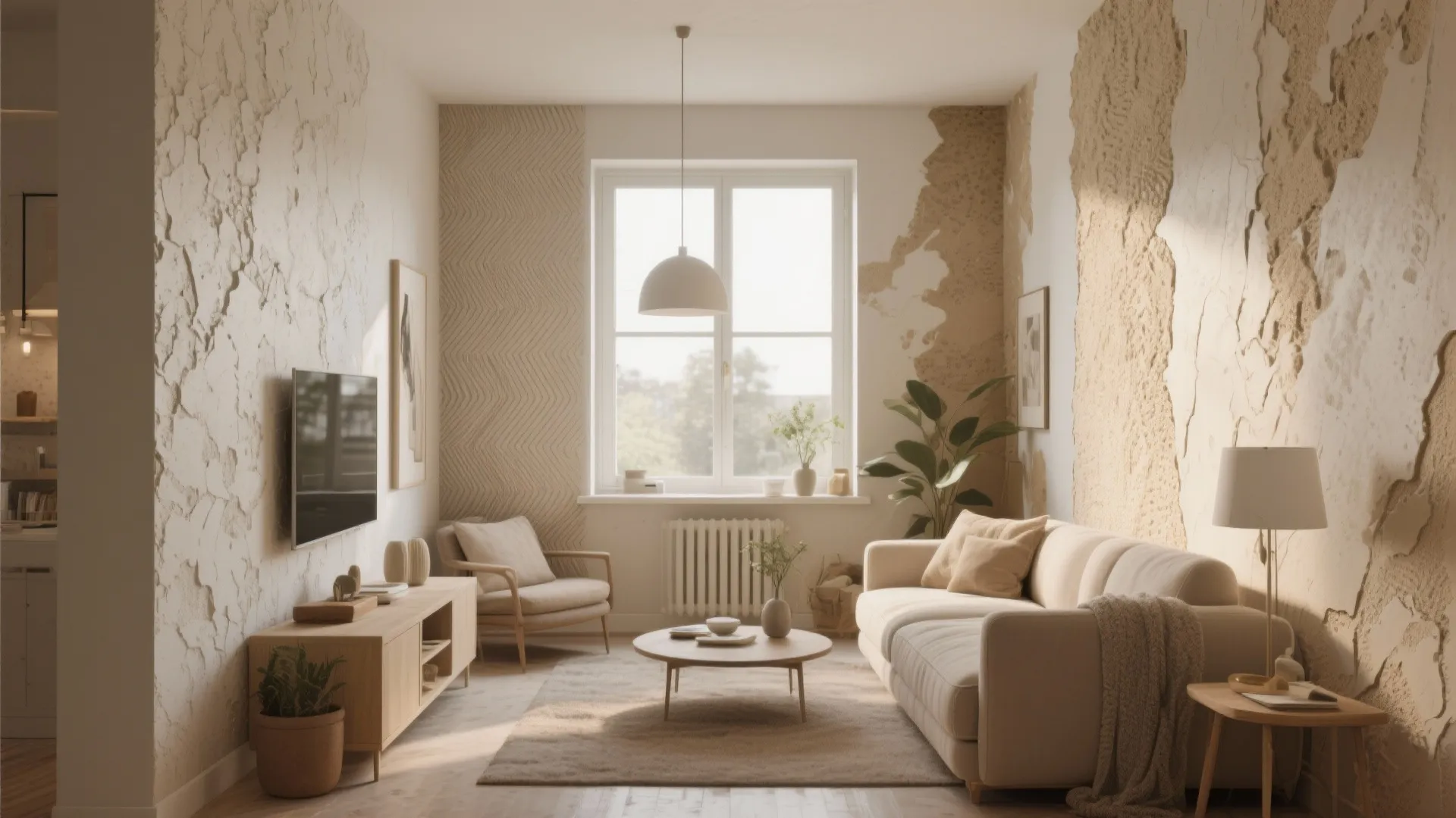 Modern living room featuring textured wall panels cream sofa wood cabinet and large window light