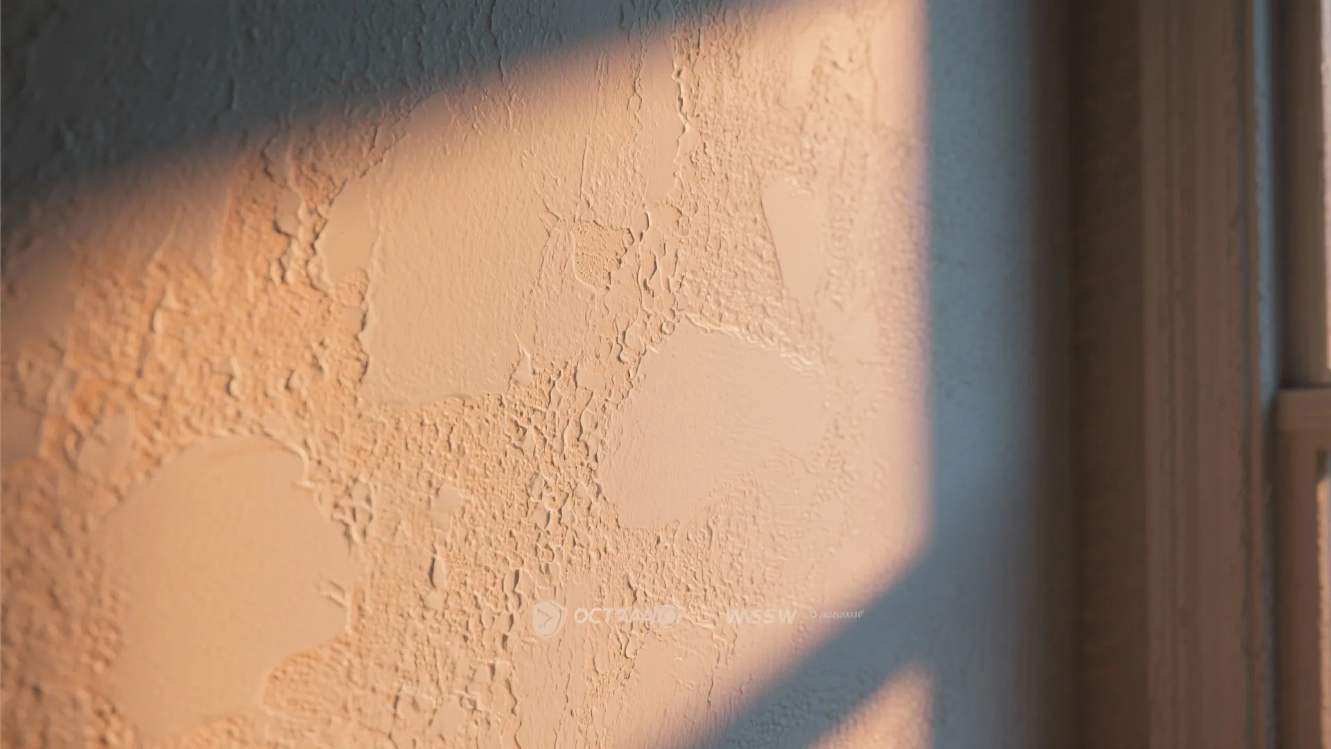 Close up view of light beige textured wall surface with shadows from a nearby window