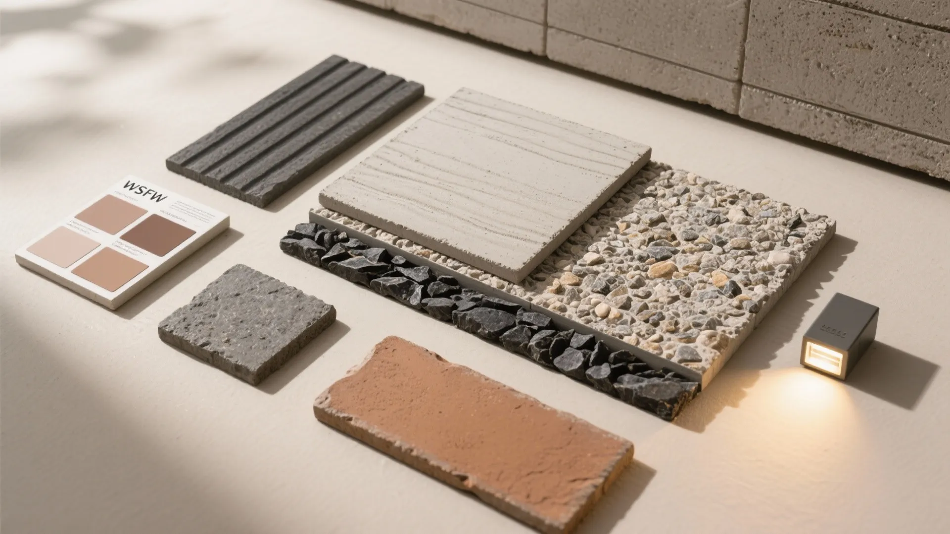 Collection of various wall panels and floor tiles with different textures including stone and brick