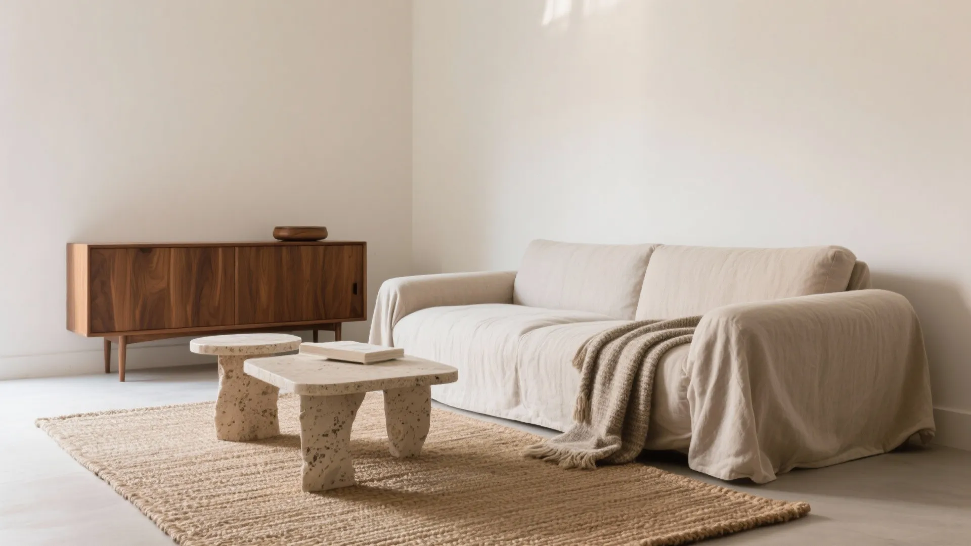 Minimalist living room with beige sofa wood cabinet stone coffee tables and a woven rug