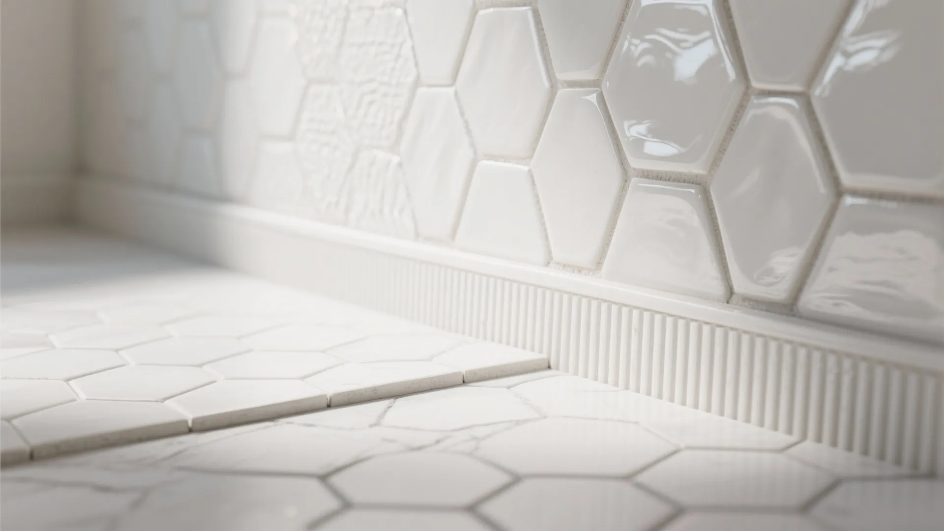 Close up of white hexagon floor tiles meeting a textured white wall in a bright bathroom