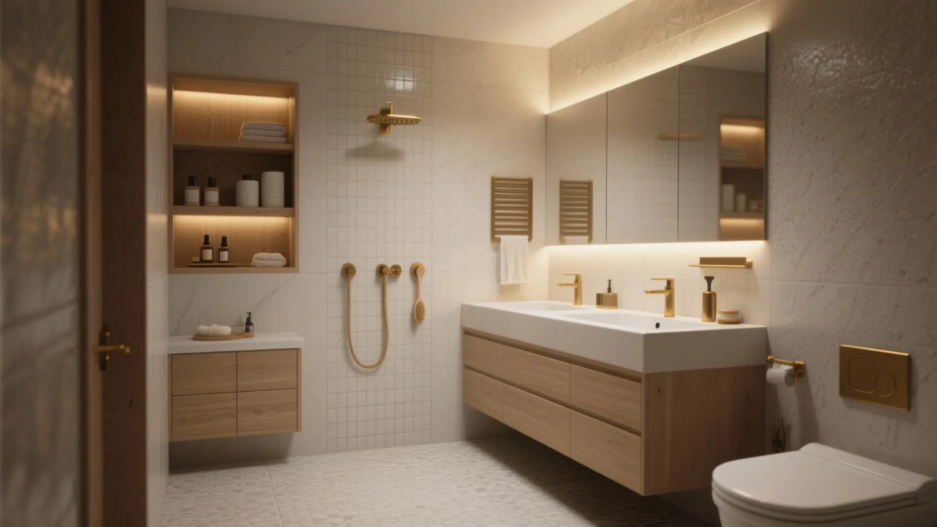 Bathroom with satin wall tiles, textured slip-resistant floor, and a brush on a hidden vented hook.