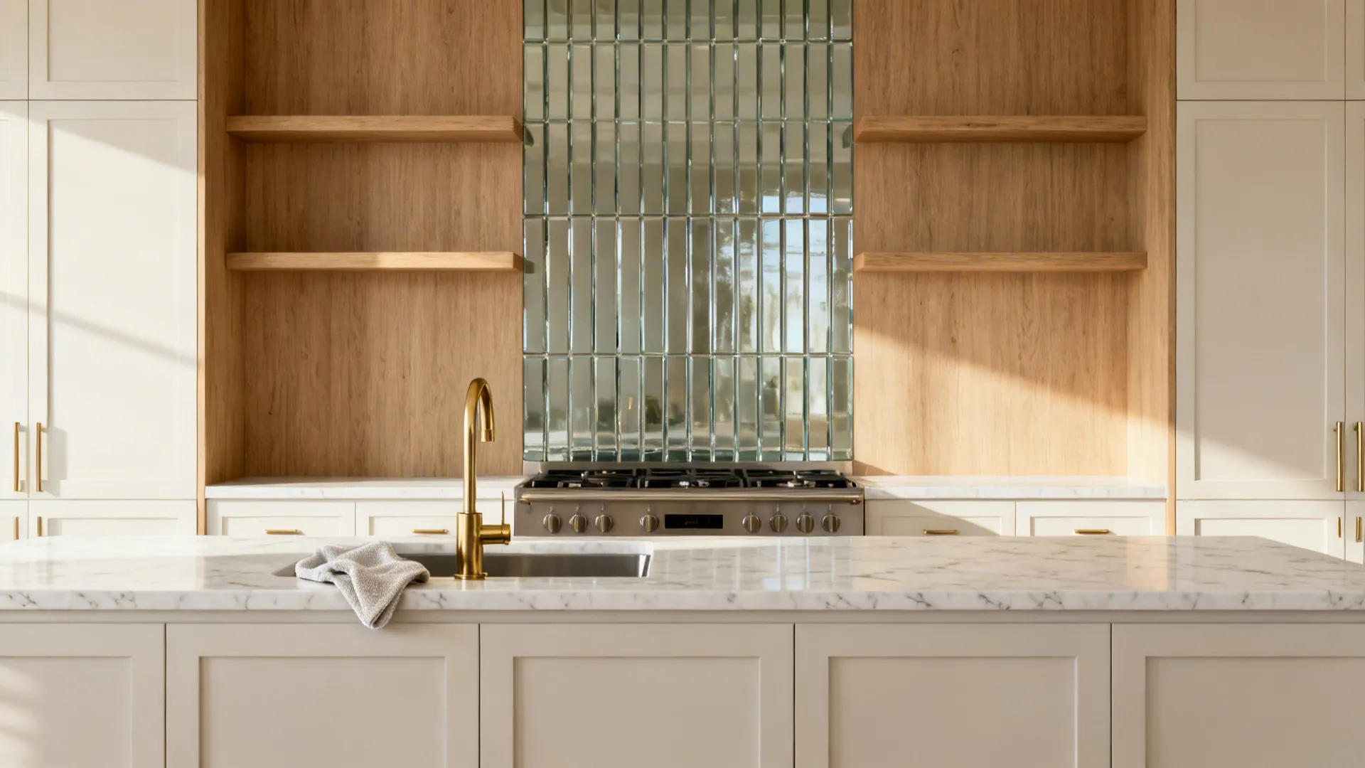 Off-white kitchen with veined quartz, light oak accents, and a glossy vertical-stack backsplash to the ceiling.