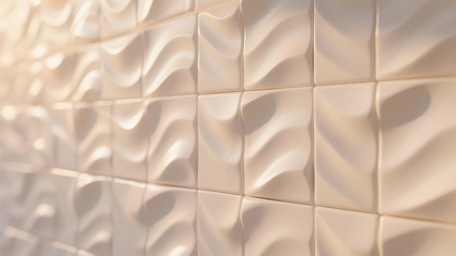 Close up view of white square wall tiles with a three dimensional wavy textured surface
