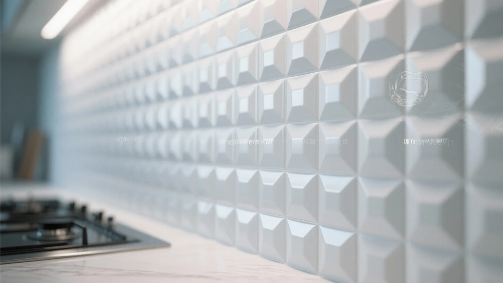 Close up of white wall tiles with square pattern on kitchen wall behind gas stove