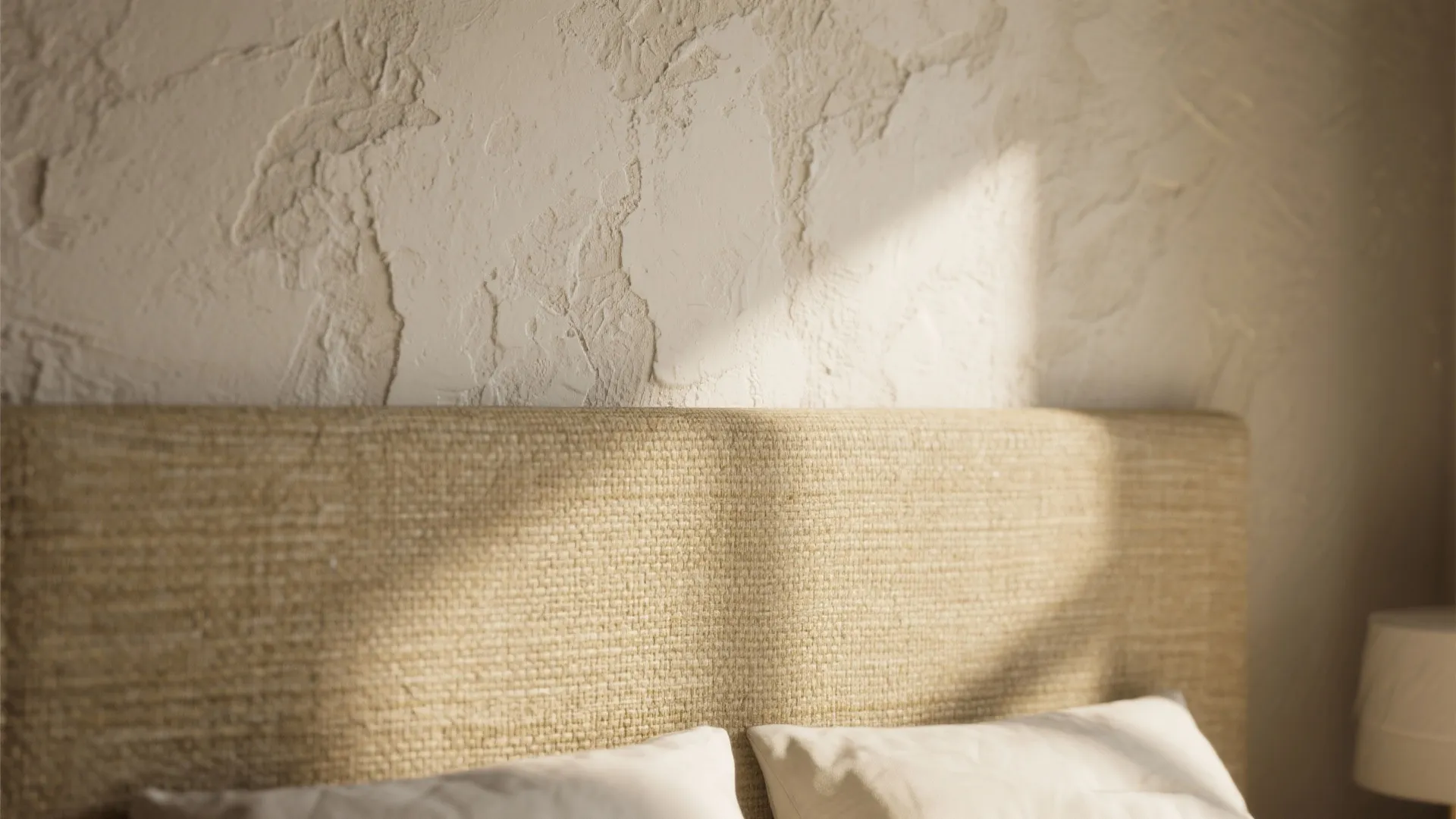 Close-up of grasscloth and limewash plaster textures on a bedroom accent wall with soft side lighting.