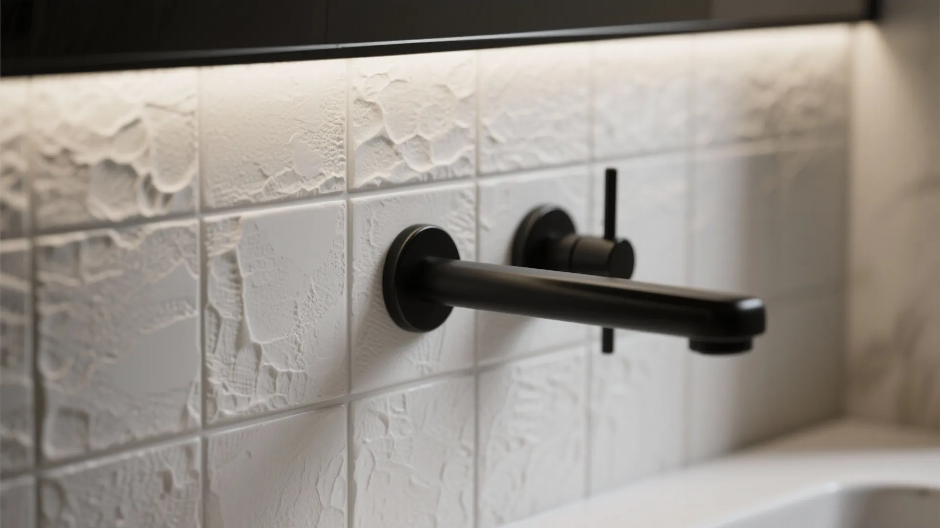 Close up of black wall mounted faucet on white textured tiles with soft overhead lighting