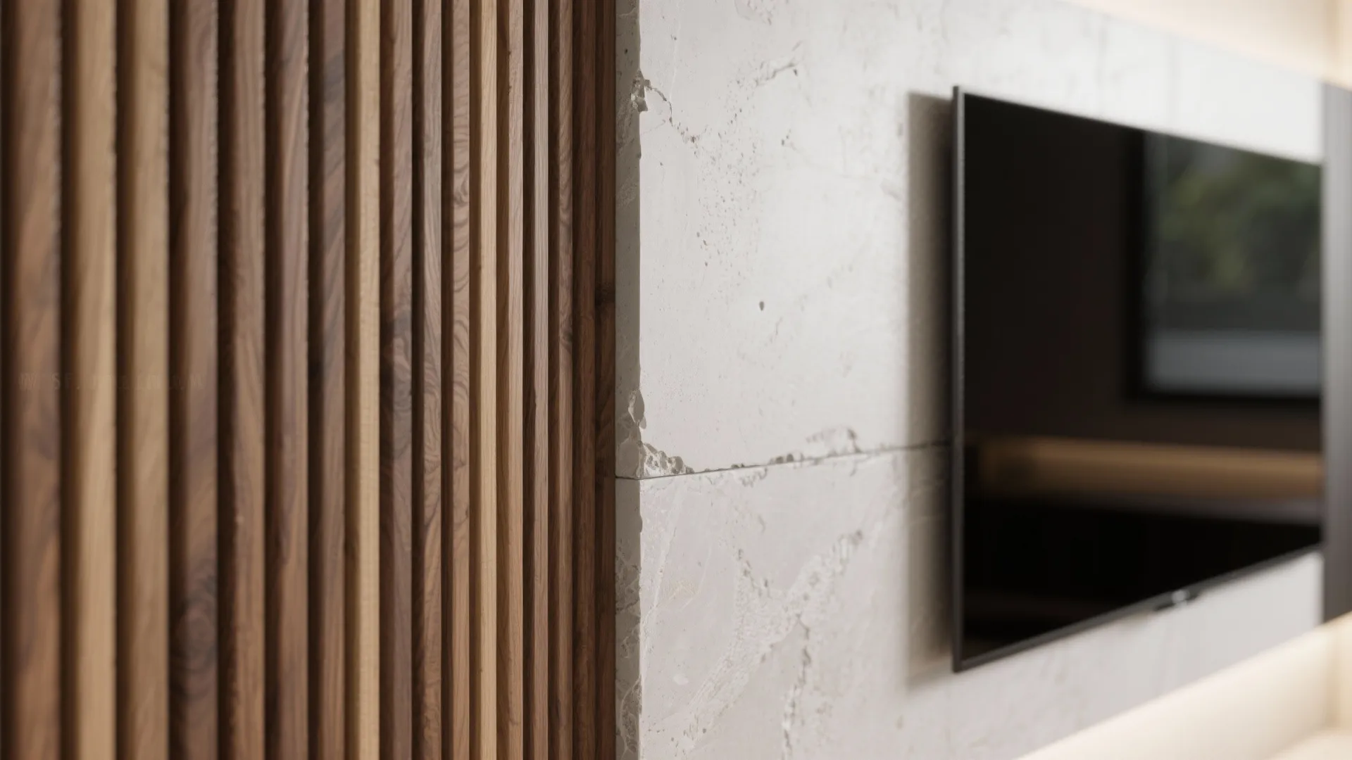 Textured Accent Wall: Wood Slats, Stone, or Microcement