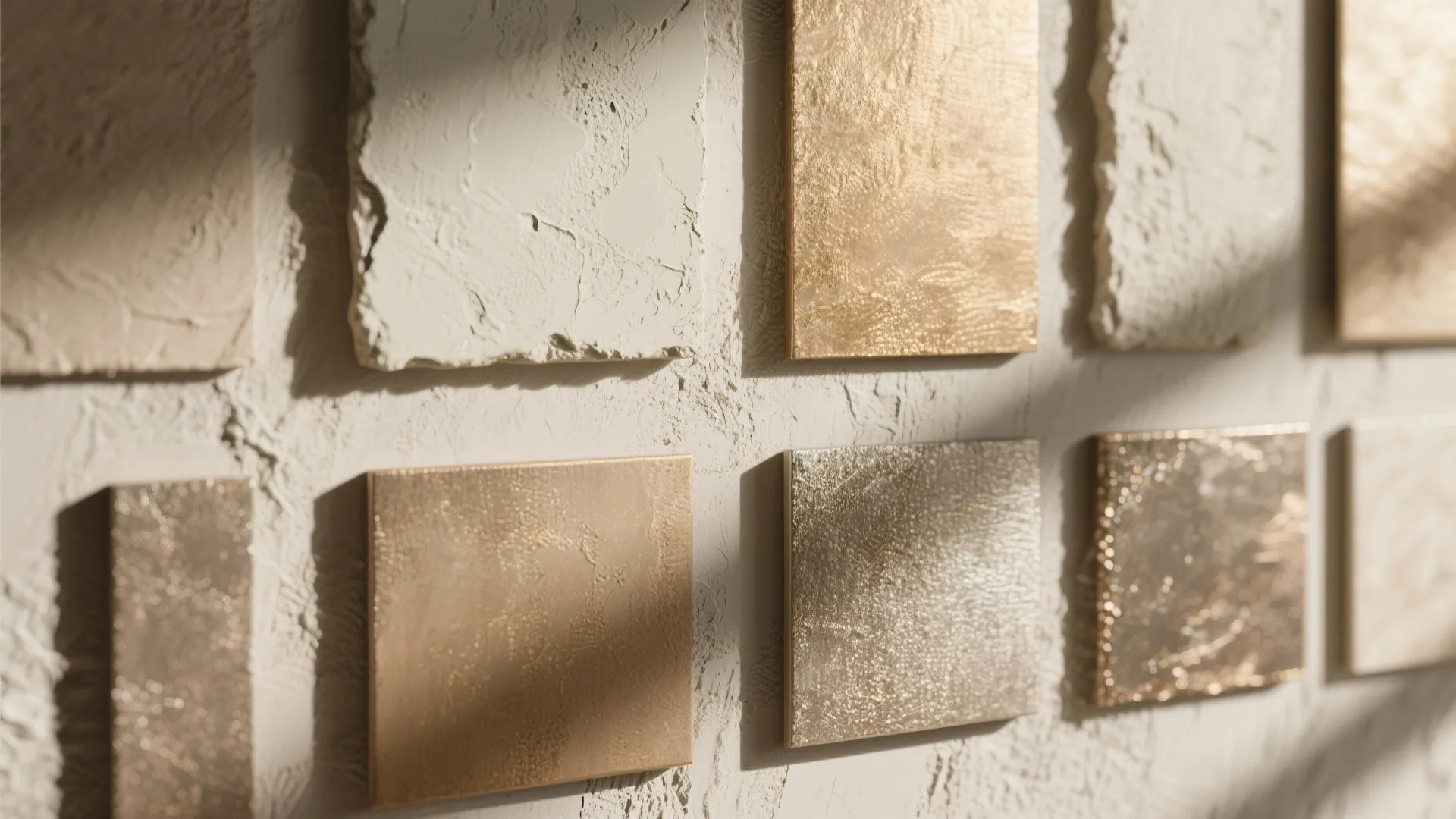 Collection of gold and silver square wall panel samples on a rough white plaster surface
