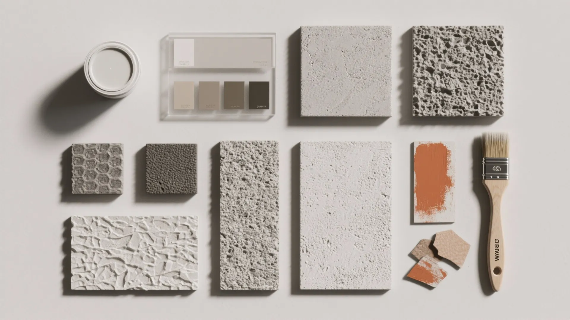 Interior design material board featuring various textured stone samples paint brush and warm color palette