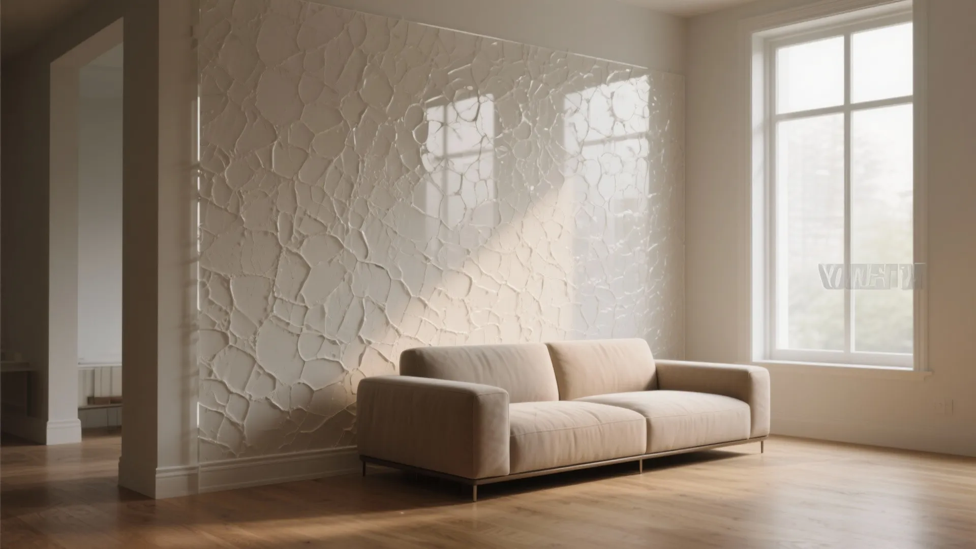 Living room with a matte textured accent wall behind a sofa hiding minor wall imperfections.