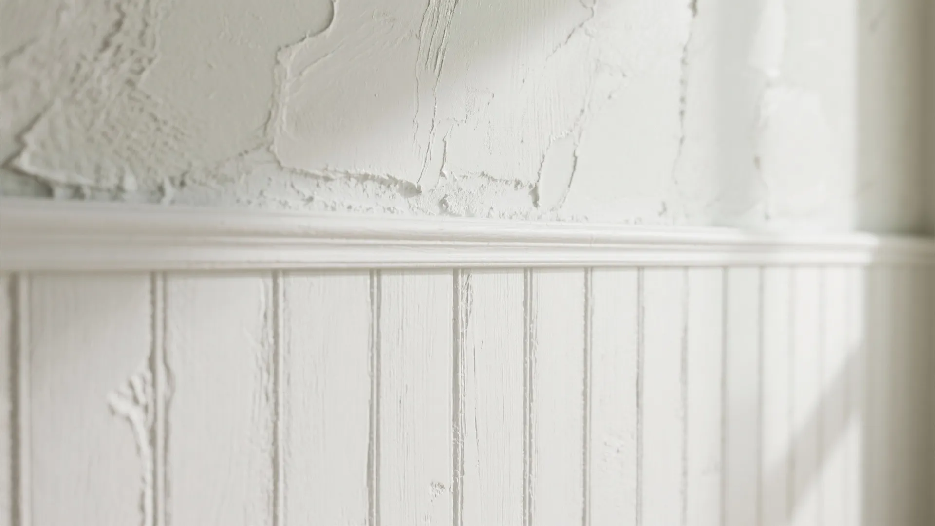 Close up of white wall panel with textured plaster finish and sunlight creating soft room shadows