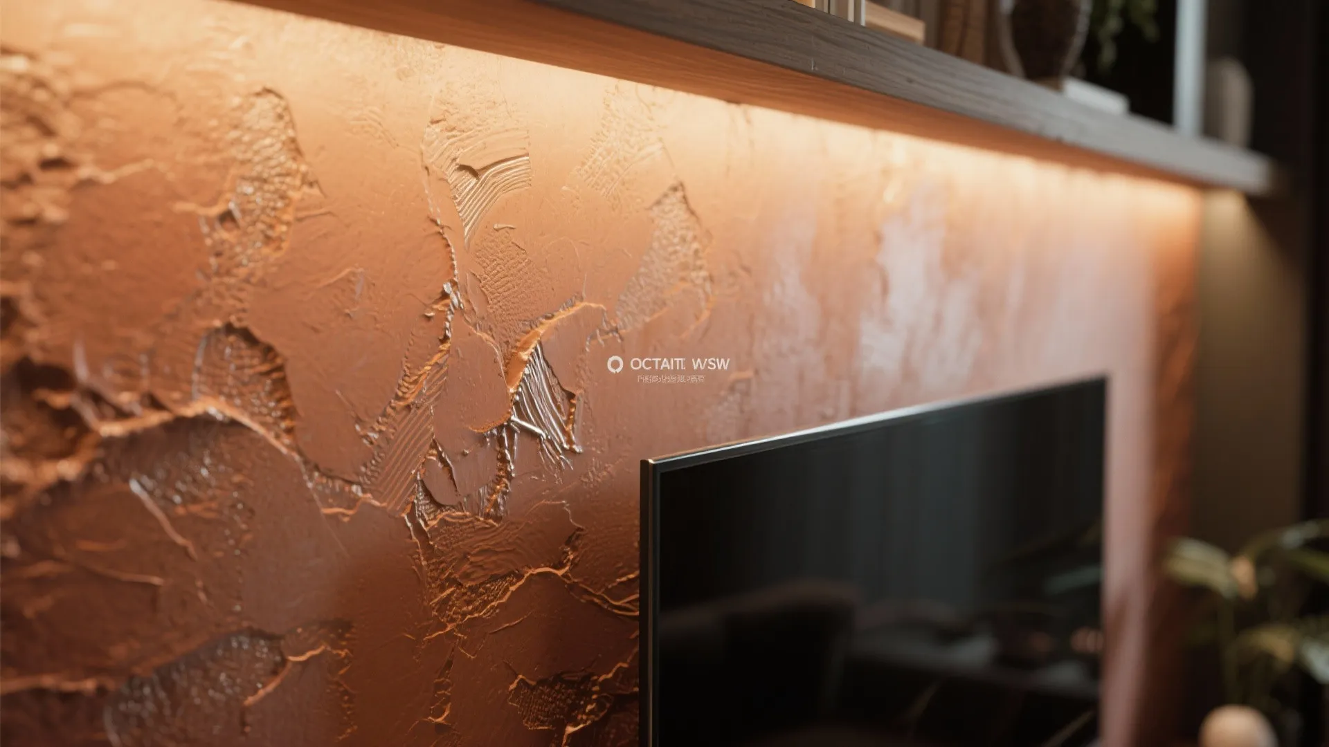 Macro detail of a terracotta textured accent wall with visible plaster texture and warm highlights.