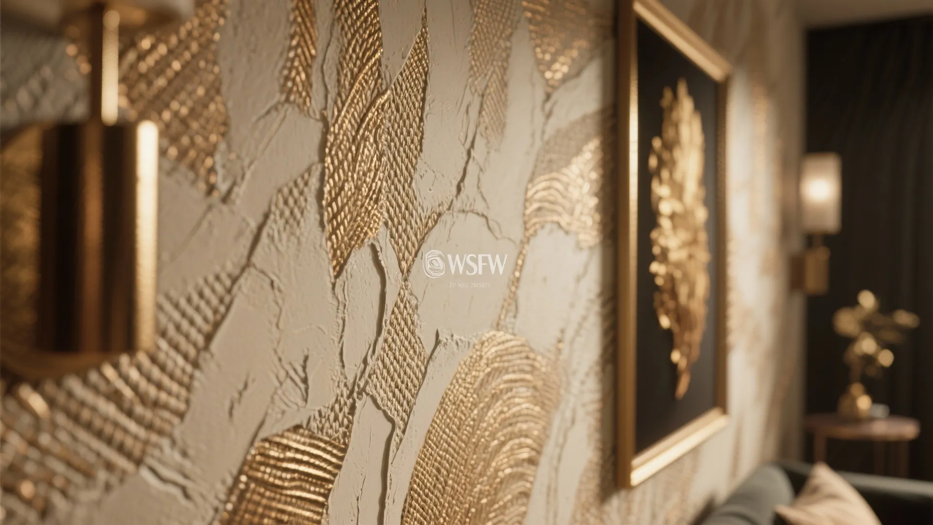 Close up of textured wall with gold leaf patterns next to gold wall light and art