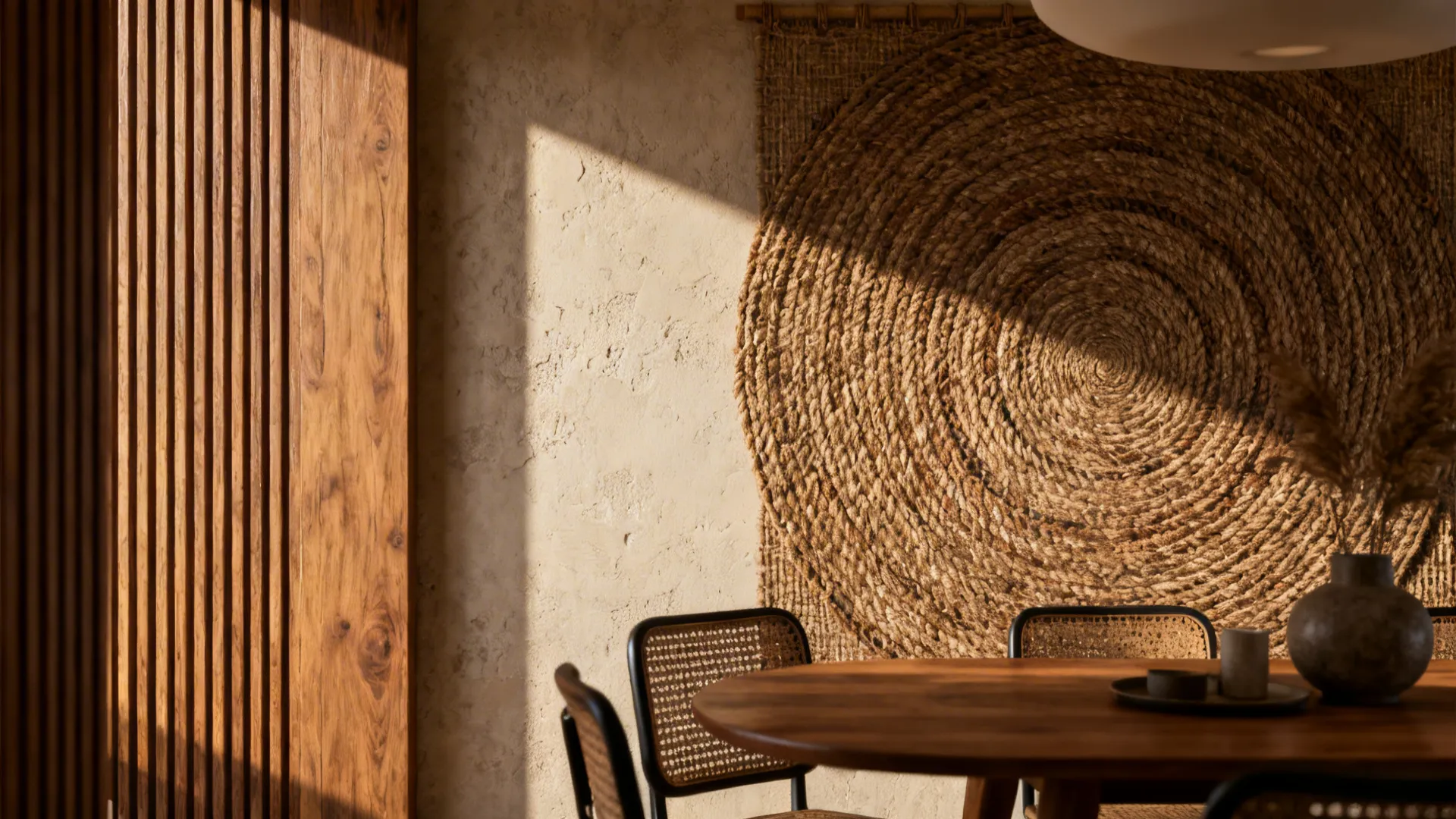 Wood slat accent wall with woven art adding warmth and texture to the dining area