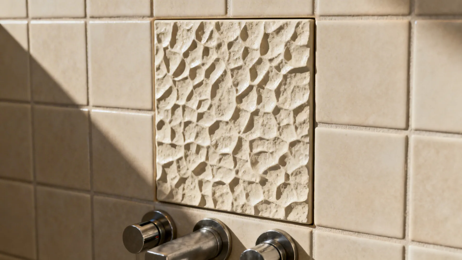 Textured 3D tile accent panel behind shower controls with neutral surroundings