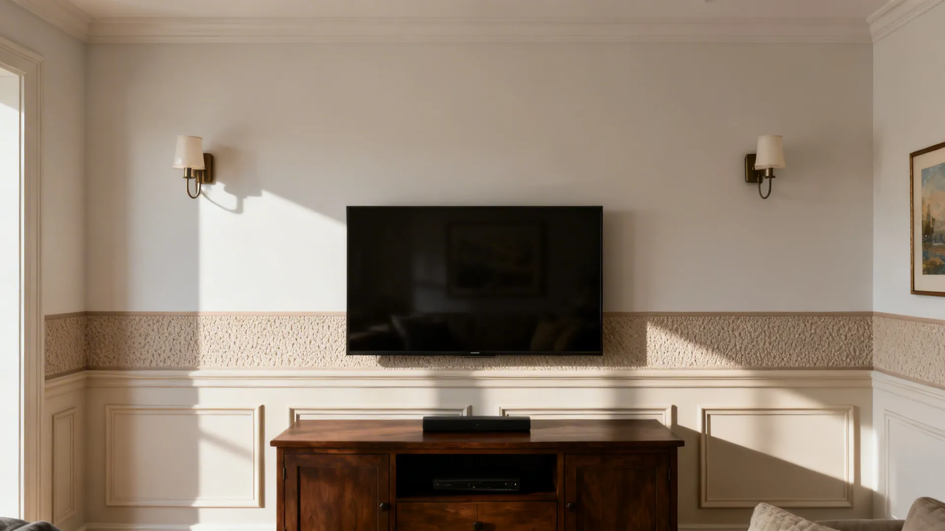 Living room with a microtextured picture-frame accent band aligned to furniture.