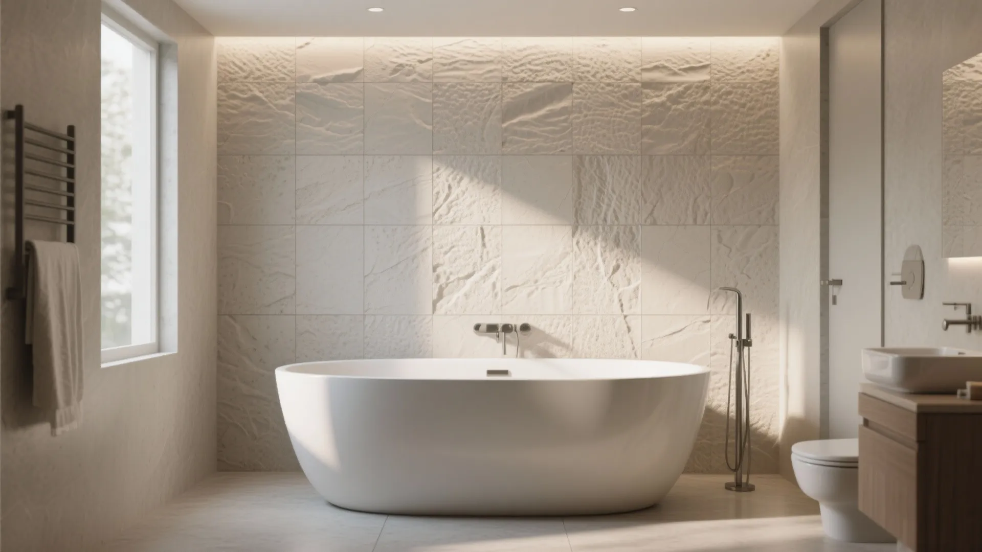 White freestanding bathtub in front of a textured stone wall with toilet and sink nearby