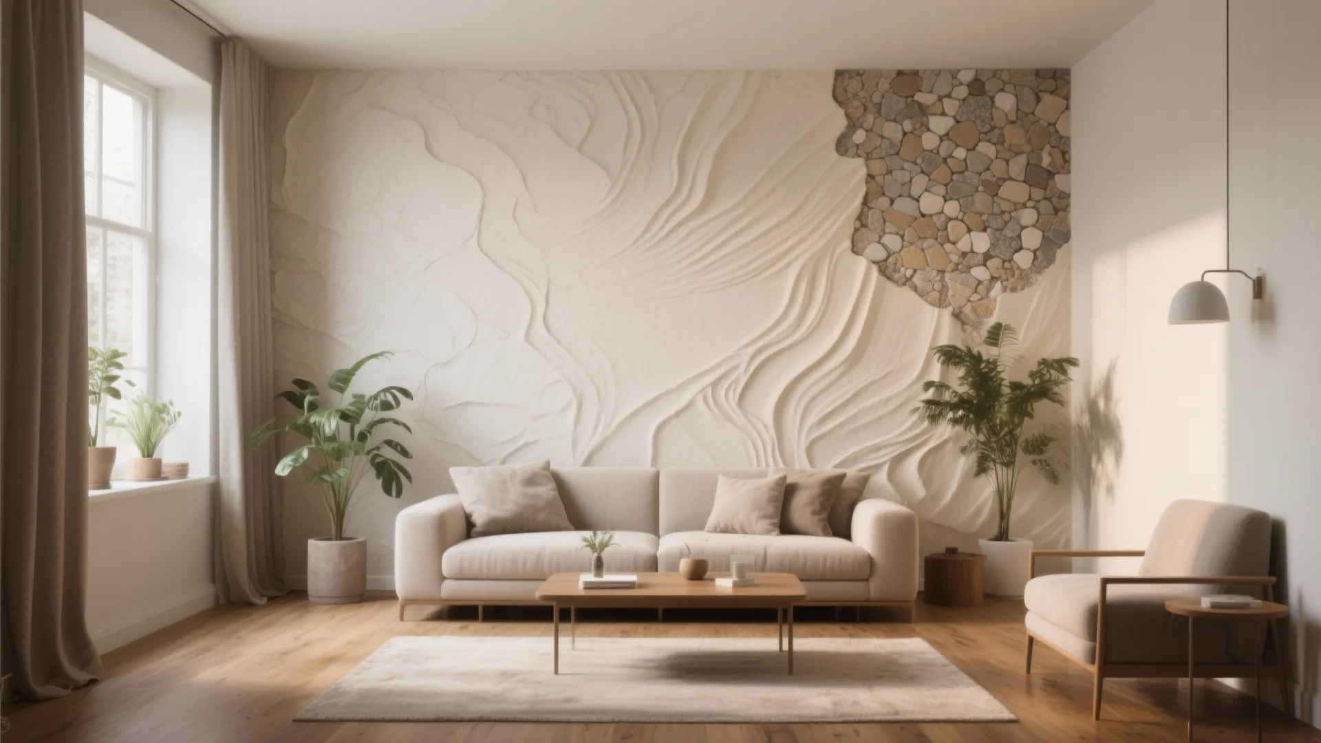 Modern living room with wavy wall panel, stone decoration, white sofa, plants, and wooden flooring